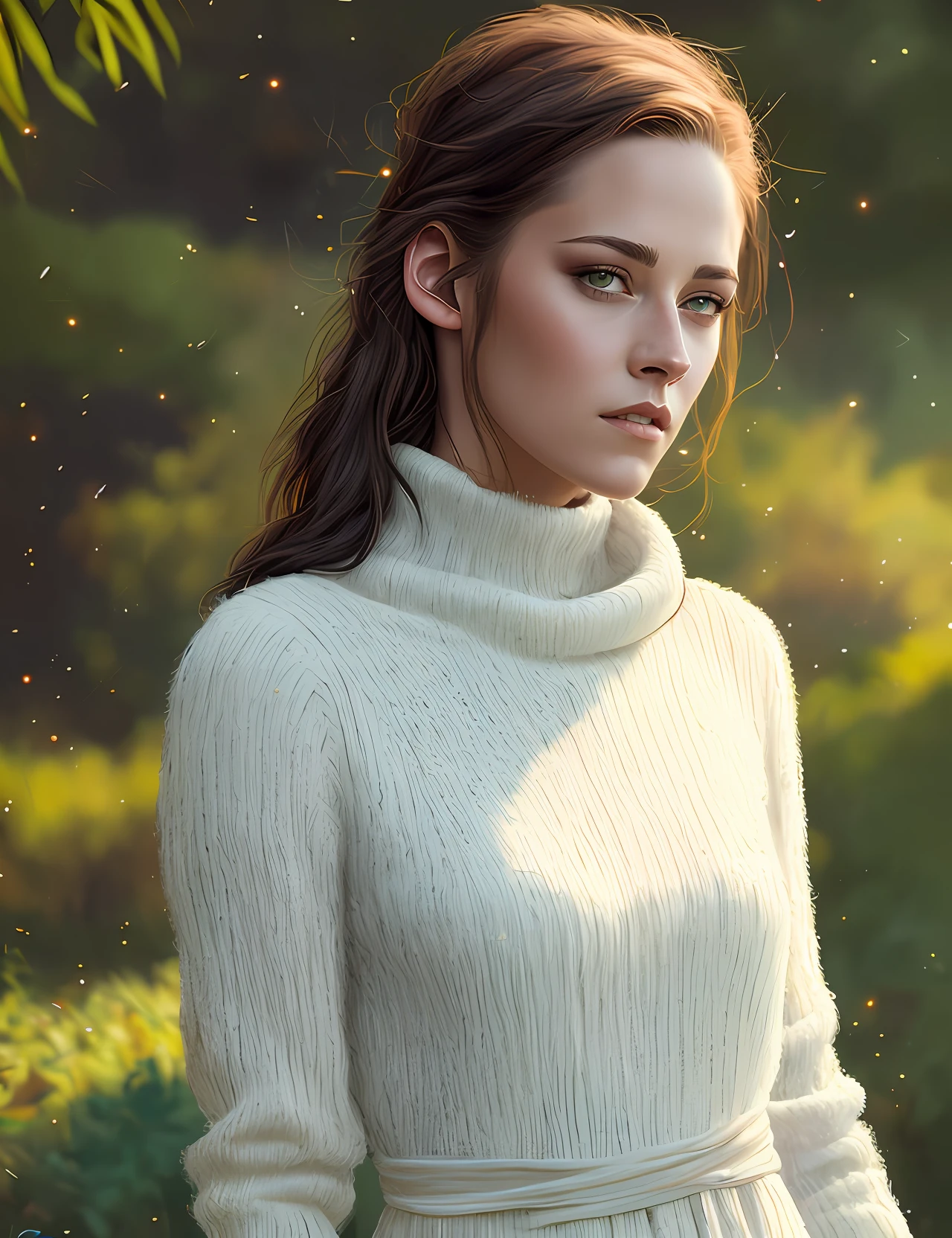 photo of extremely sexy (kr1st3nst:0.99), Kristen Stewart, a woman as a sexy movie star, (((closeup portrait:1.2))), modelshoot style, (extremely detailed CG unity 8k wallpaper), photo of the most beautiful artwork in the world, professional majestic oil painting by Ed Blinkey, Atey Ghailan, Studio Ghibli, by Jeremy Mann, Greg Manchess, Antonio Moro, trending on ArtStation, trending on CGSociety, Intricate, High Detail, Sharp focus, dramatic, photorealistic painting art by midjourney and greg rutkowski, (tight long turtleneck dress:1.2), ((in a lush garden)), (high fantasy), (looking at viewer:1.2), (detailed pupils:1.3), (magic sparks:1.1), (fireflies:1.1)