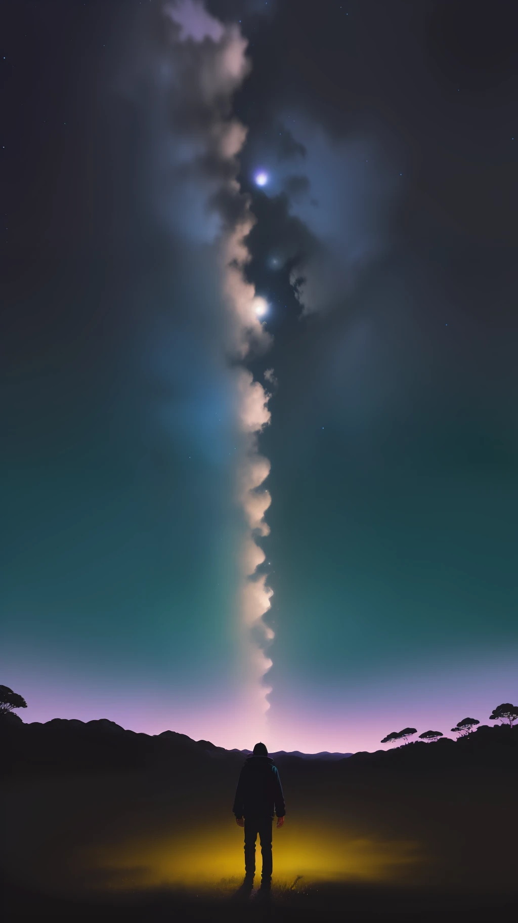 Homem-lobo, Uivando, campo aberto, noite, bottom-up view showing the sky, lua cheia, cores vibrantes