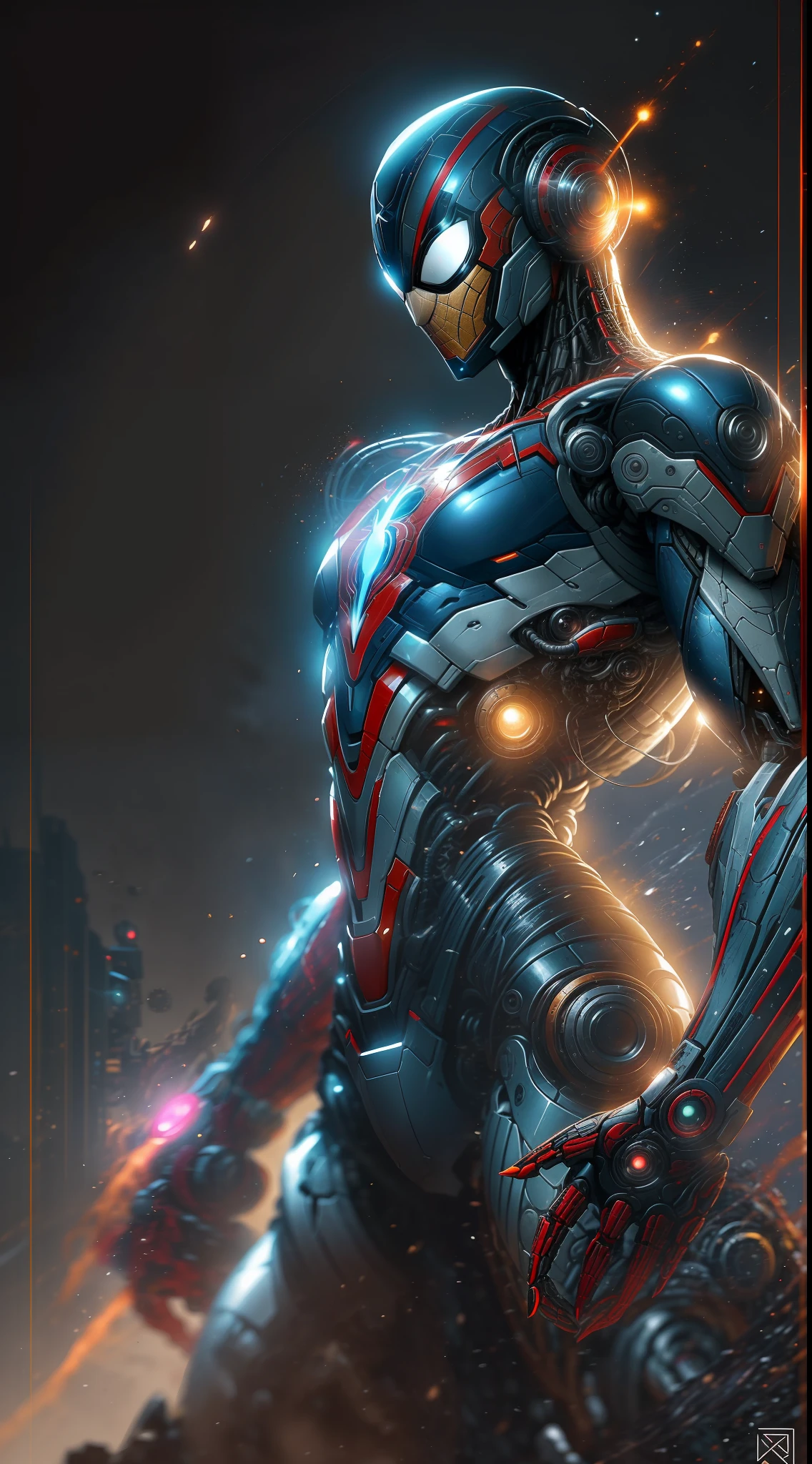 Dois Homem-Aranha de Ouro e outro de prata da fotografia da Marvel, Biomechanicals, complex robot, crescimento completo, hiper-realista, pequenos detalhes insanos, linhas extremamente limpas, aesthetic cyberpunk, obra-prima apresentada no Zbrush Central