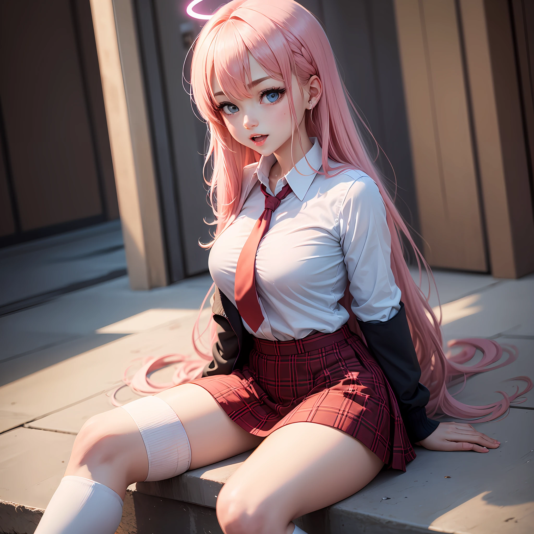 1girl,hoshino(Blue Archive),solo,Heterochromia,A pink-haired,Miniskirt,rnlong hair,tiese,ahoge,The shirt,The halo,plaid skirts,eBlue eyes,tartan,looking at viewert,white shirt,sitted,Golden eyes,chest strap, Harnes, Long sleeved, ID cards, open open mouth, Very long hair, collared shir, ssmile, a blue tie, By bangs, foot out of frame, between legs, The hand between the legs, Be red in the face, Hair between both eyes, A high resolution, tmasterpiece, Best quality at best,Need,white stockings --auto
