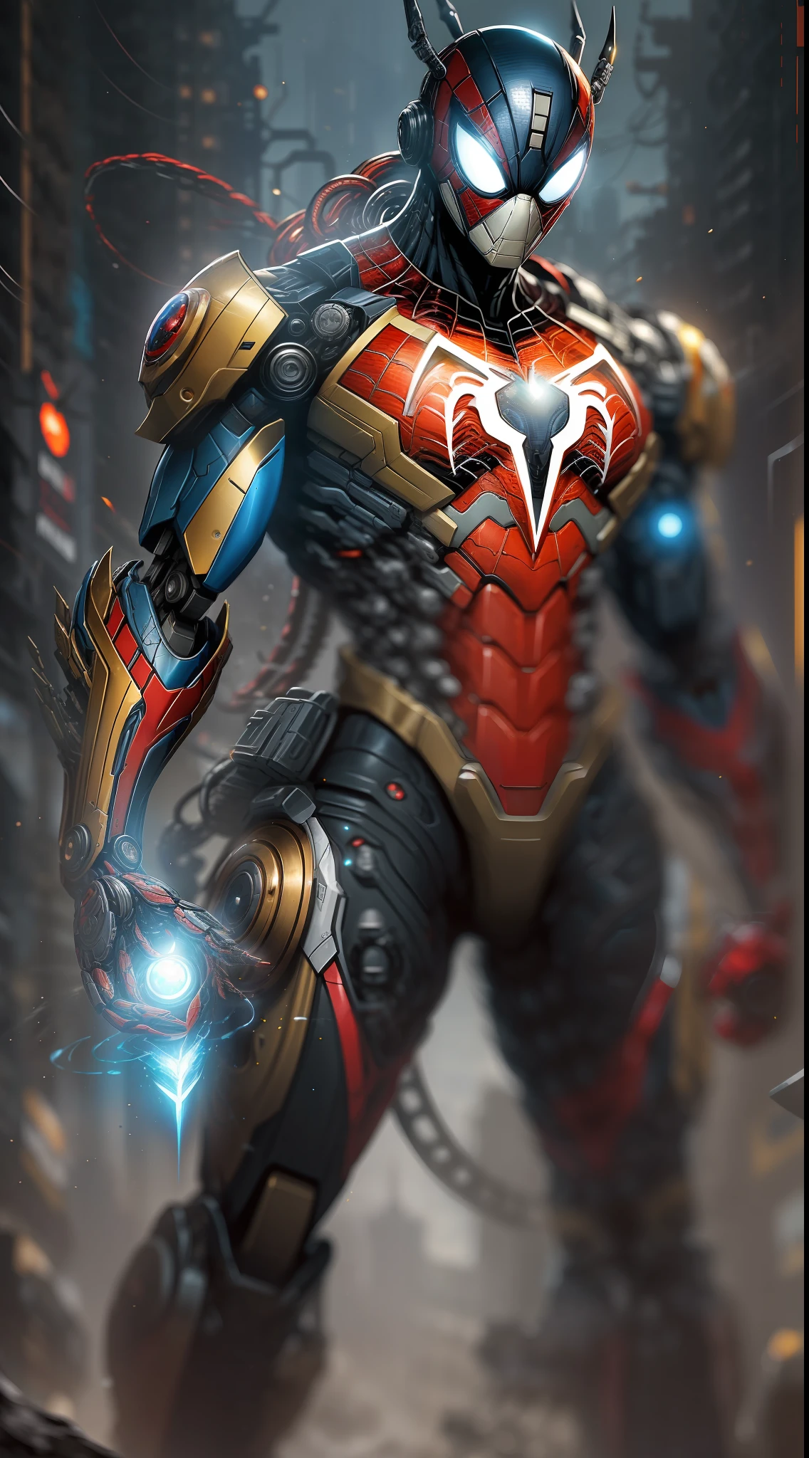 Dois Homem-Aranha de Ouro e outro de prata da fotografia da Marvel, Biomechanicals, complex robot, crescimento completo, hiper-realista, pequenos detalhes insanos, linhas extremamente limpas, aesthetic cyberpunk, obra-prima apresentada no Zbrush Central