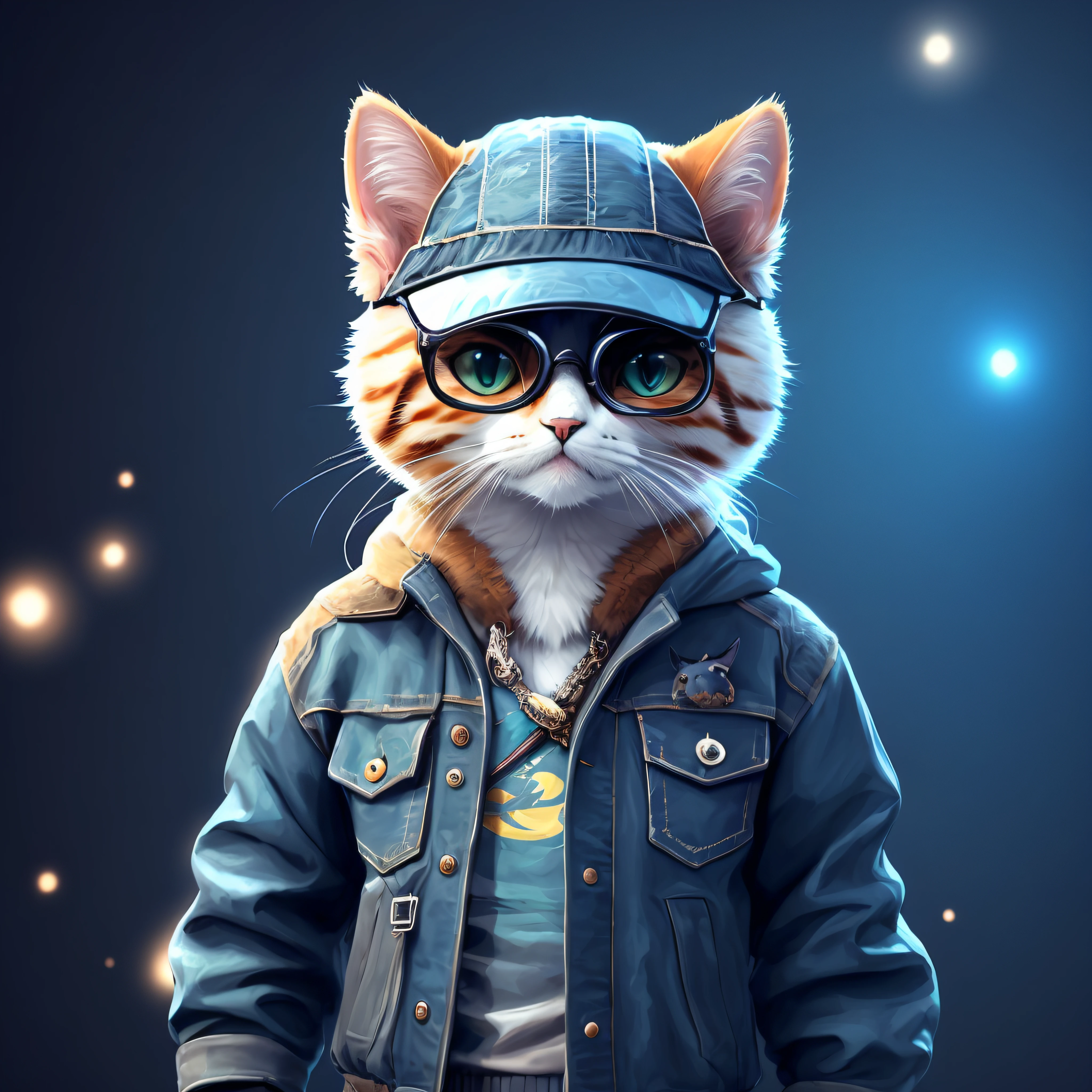 there is a cat wearing a hat and glasses on a dark background, arte digital detalhada bonito, painting digital adorable, arte digital bonito, Fursona usando roupas estilosas, gato cyberpunk, bonito 3 d render, Arte digital altamente detalhada em 4k, arte digital peluda, olhando heckin legal e elegante, arte digital altamente detalhada, Gato. pintura digital, pintura digital altamente detalhada