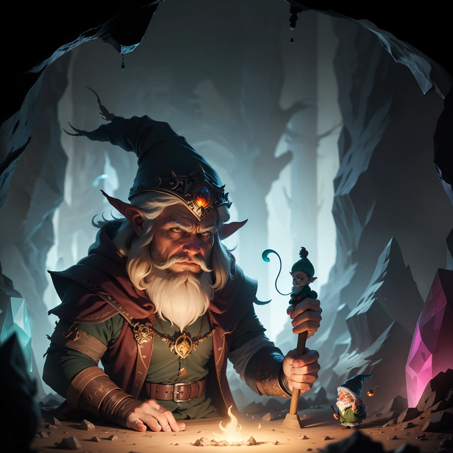 Shadow Master is casting his spell in intense magic around the cave of colored crystals, while in the foreground there is a Gnome, olhando cautelosamente para ajoelhar-se em sinal de respeito.
