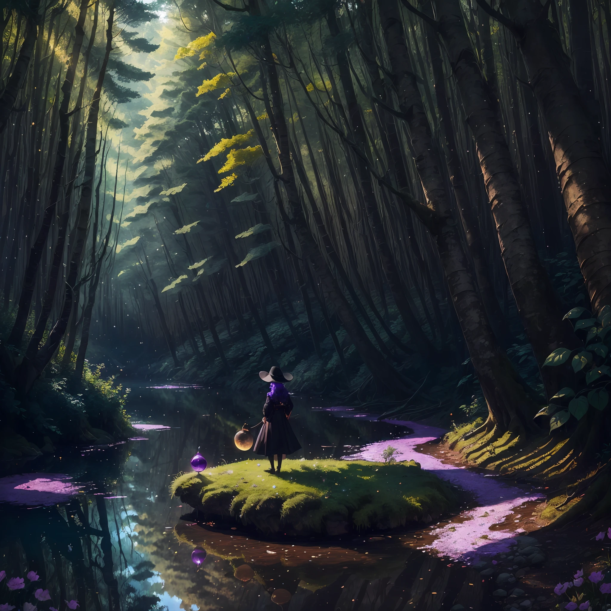 (((tmasterpiece))), Best Picture Quality, 8k CG wallpaper,Extremely high level of detail,Beautiful and delicate illustrations, A witch floating on the edge of a forest lake,(1girl), Purple colored hair, Black round frame glasses, Fine black clothes, Wear yours with a large magic hat and satchel, In tranquil forest with water,Between the glittering nature。 --auto