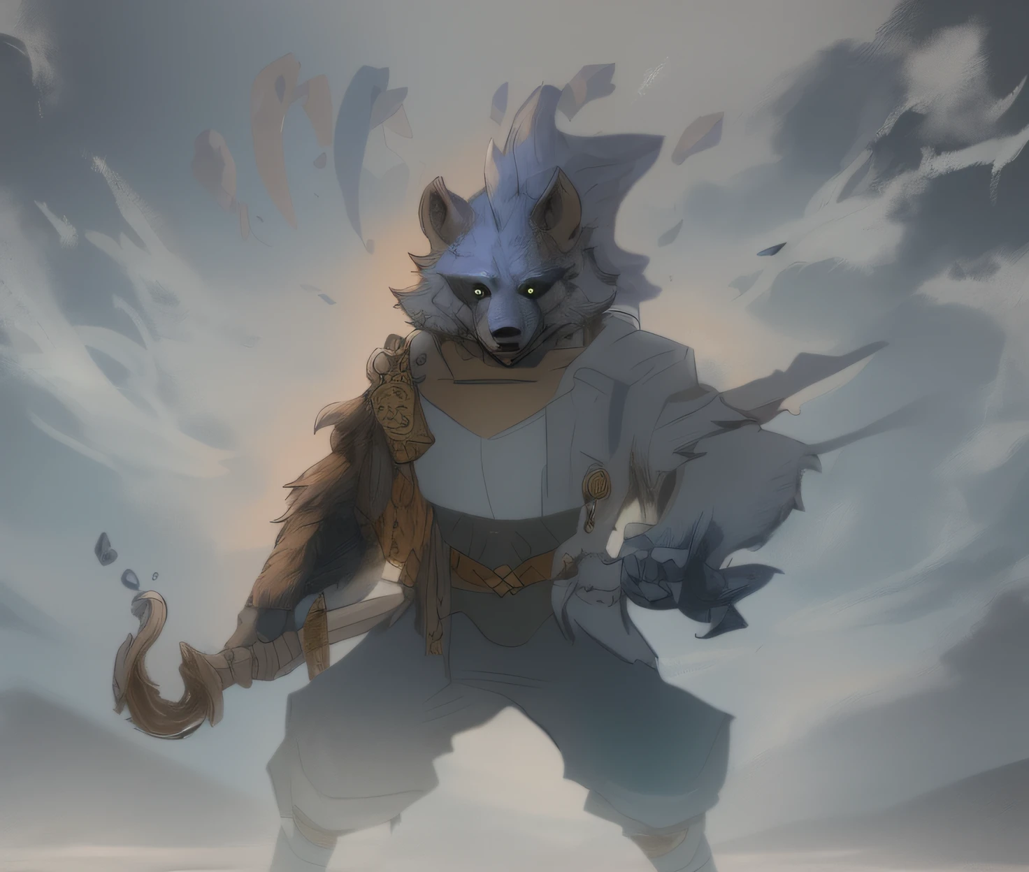 there is a drawing of a gnoll, as a badass monster hunter mohawk made of flowing metal, reflective mohawk, anthropomorphic Hyena, dnd fantasy art, complex fantasy character, of anthro hyena warlock, furry character