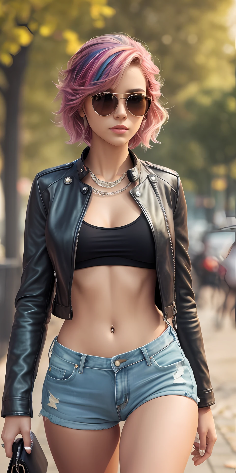 photorealistic, ultra realistic,3D, artstation, cgsociety, 8 k,
award winning photography of a beautiful woman walking at  the park, (fashion), (multi color hair:1.2), cheekbones, detailed face, Bejeweled,  a nice long leather jacket, torn jeans, topless, (exquisitely detailed skin, perfect anatomy, wide hips, smooth midriff, thigh gap), sunglasses
colorful, vibrant --auto --s2