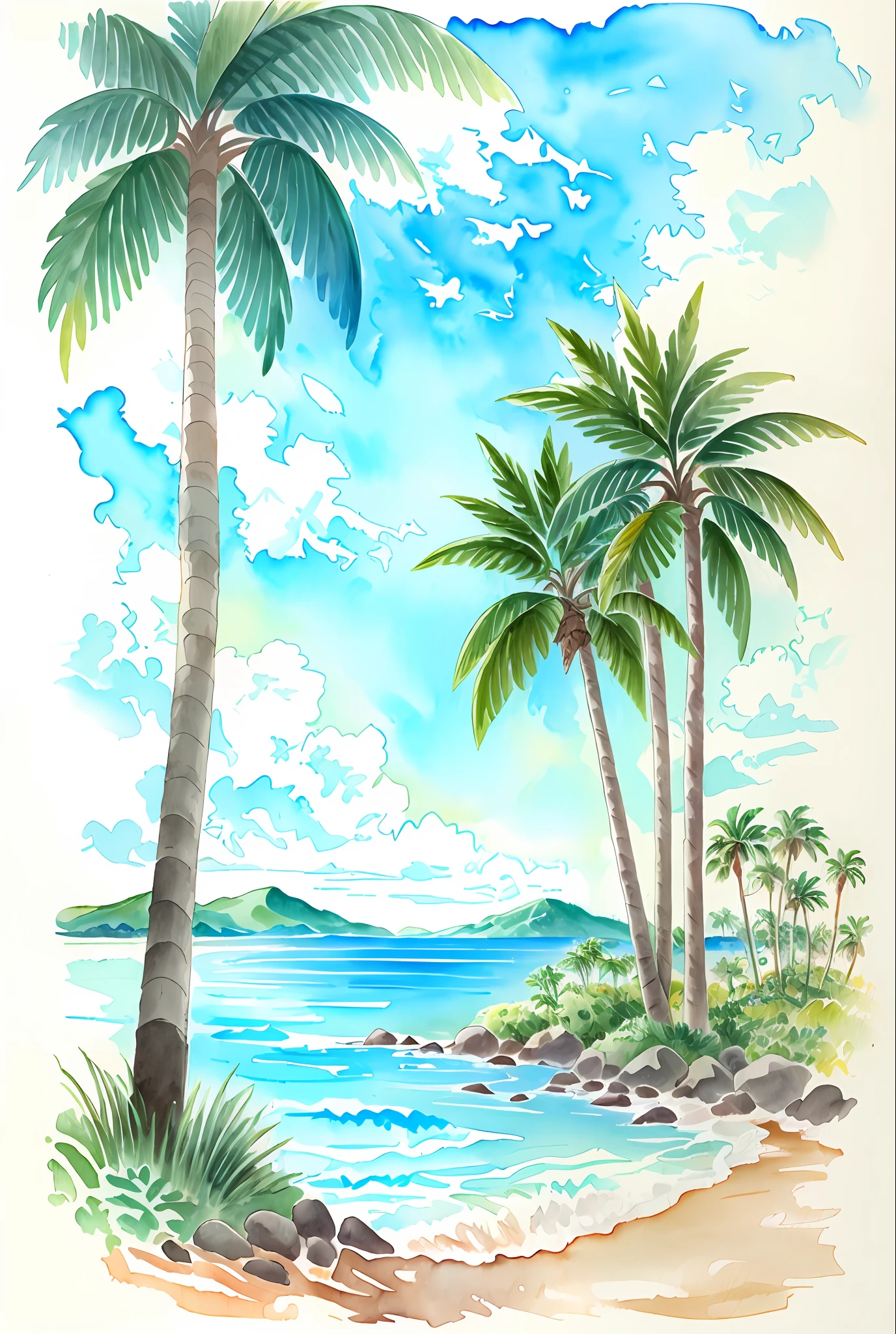 ( acuarela \(Medio\), dibujo, Isla tropical con palmeras