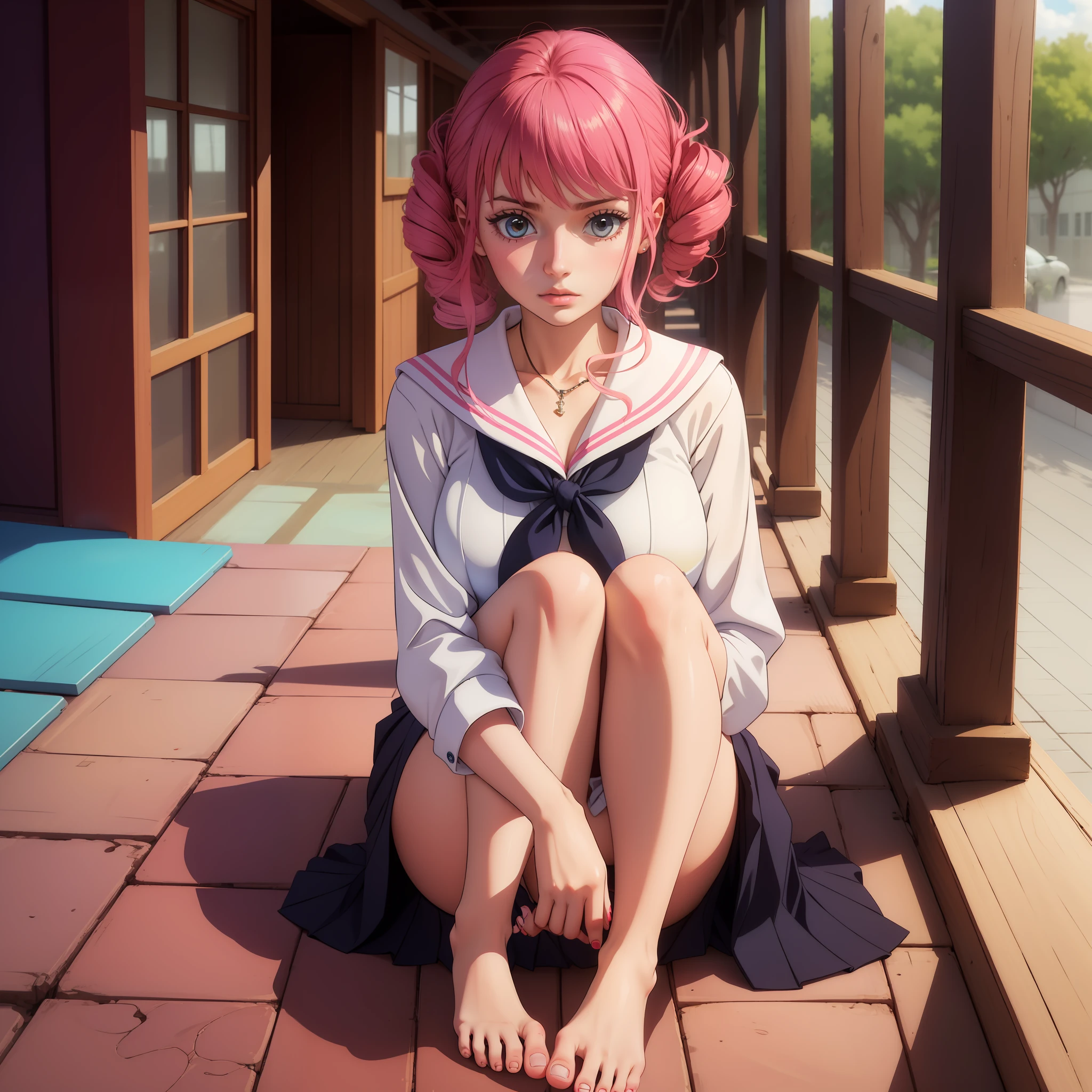 female high-school student，Pink hair，short  skirt，a sailor suit，Pull up your skirt，gentleness，Barefoot curls，Large chest