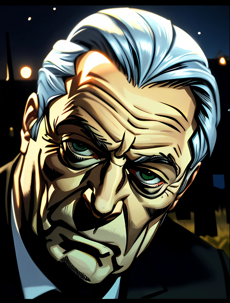 scariest old man in a black jacket and tie standing in a field, homem debochado, um homem muito preocupado, Michael Caine, cena intensa, filme de alta qualidade ainda, ao ar livre a noite em uma fazenda, fazenda Noturna, particles, Chuva leve, Foco masculino, (cabo de fluxo longo), noite, Chuva, fundo detalhado, (arte de Frank Miller), obra-prima, (realista:1.3), perfect illumination, sombreamento perfeito, (textura realista do tecido), hiper-realista, (fotorrealista:1.5), (Foco no homem), line art, (comic styled)