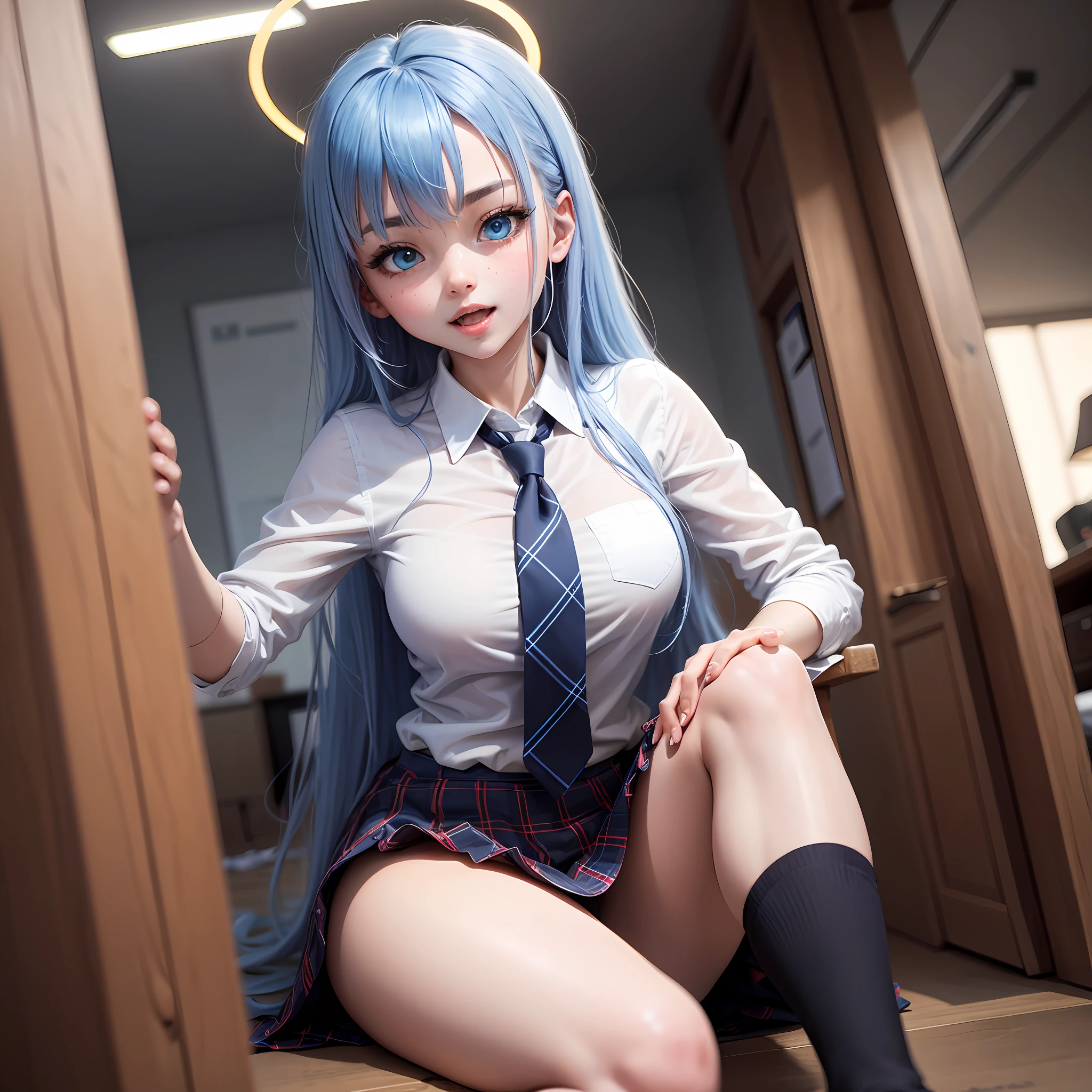 1girll，hoshino（Blue Archive），Solo，Heterochromia，blue hairs，upskirt with，rnlong hair，tiese，ahoge，The shirt，The halo，Plaid skirts，eBlue eyes，tartan，looking at viewert，white  shirt，sitted，Blue eyes，chest strap, Harnes, Long sleeved, ID cards, open open mouth, Very long hair, collared shir, ssmile, a blue tie, By bangs, foot out of frame, between legs, The hand between the legs, Be red in the face, Hair between both eyes, A high resolution, tmasterpiece, Best quality at best，Need，Black stockings on the left leg，White stockings on the right leg