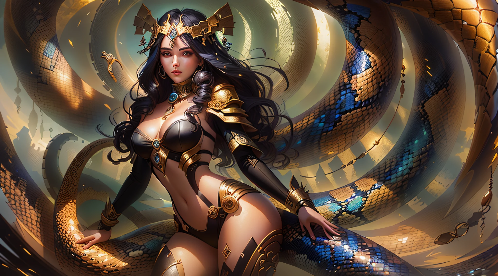 arafed woman with a snake around her body and a snake around her neck, Rainha das Cobras, mulher cobra, Snake woman hybrid, deviantart artstation cgscosiety, karol bak uhd, Artgerm Julie Bell Beeple, beautiful female gorgon, suas muitas cobras como cabelo;, Rainha escura das cobras, Epic fantasy art style, arte de fantasia detalhada