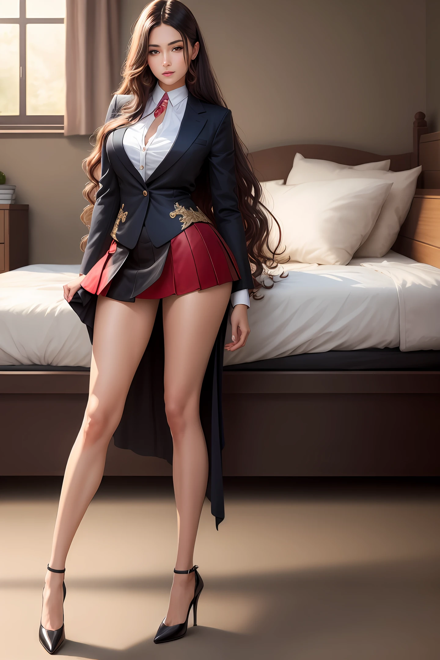 Kizi， Raised sexy， short  skirt， cleanness， Long legs， rnlong hair， onbed， Biggest detail， High-quality HDR， profesional photo， high-heeled， Super realistic， tmasterpiece， realisticlying，Impeccable， s the perfect face，，（（HighestQuali）） （（Large scale））hugetits，stocklings，Large scale