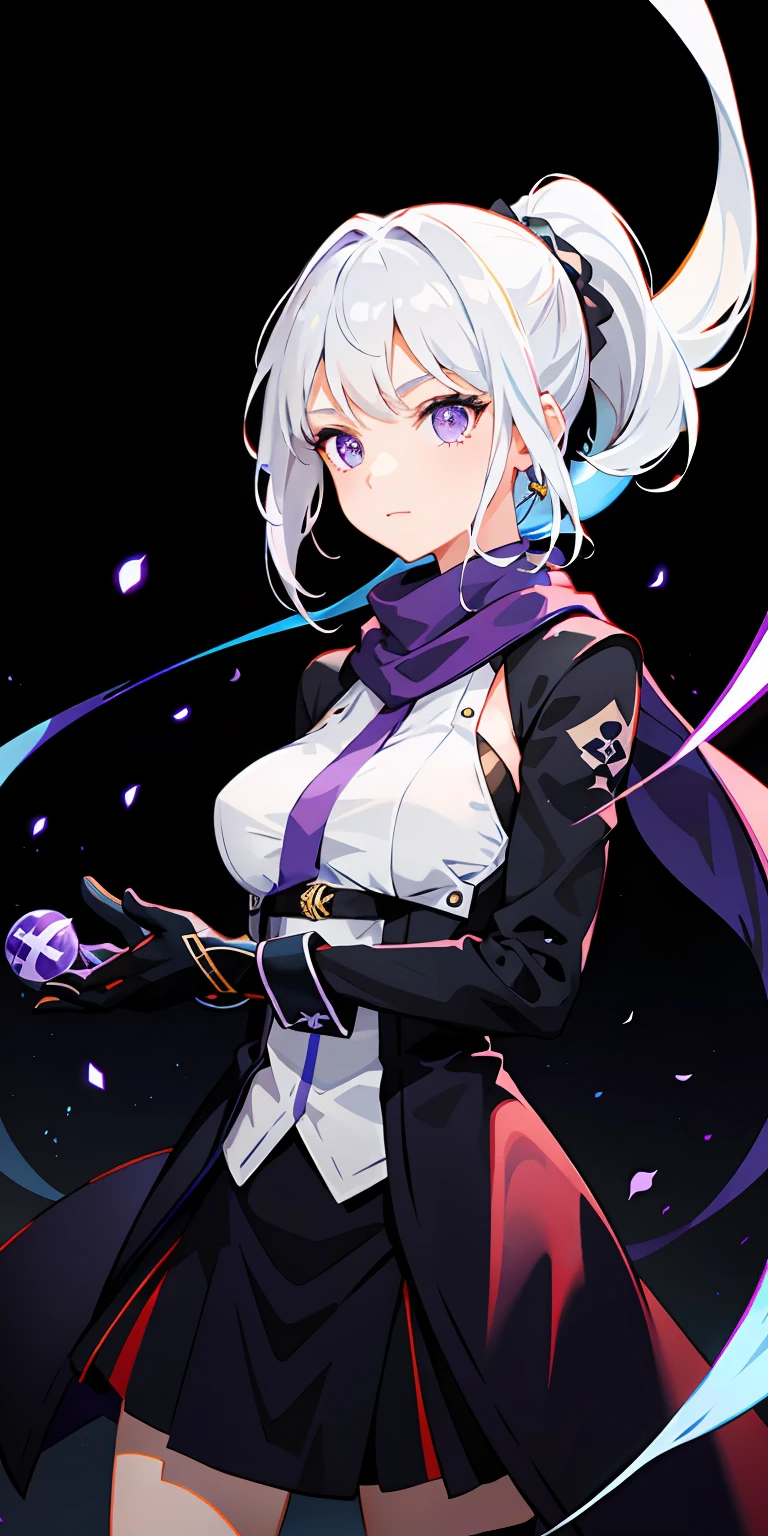1girl, white hair, multicolored hair, purple eyes, mask on head, sidelighting, light particles, wallpaper,