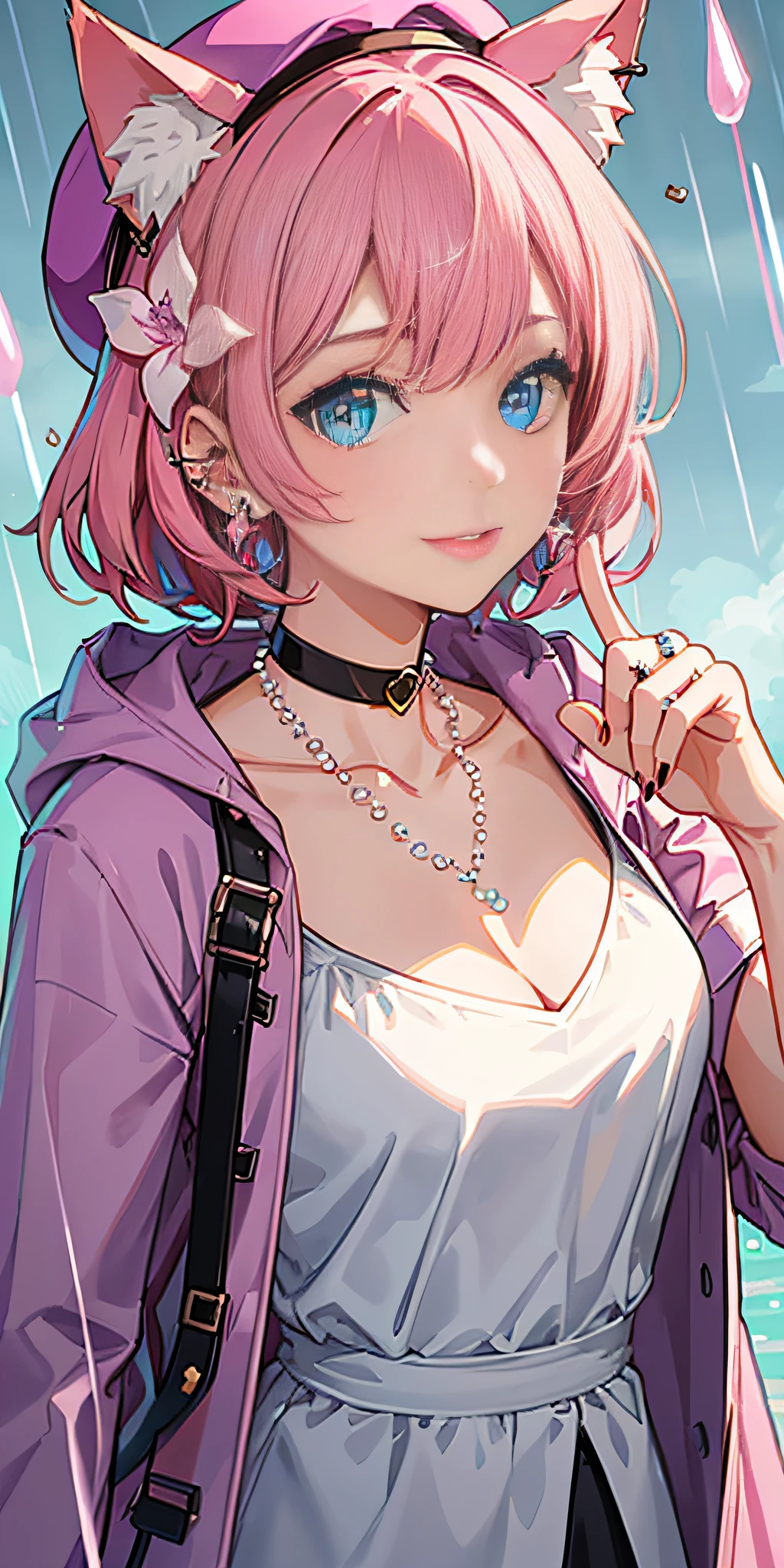 Blue_eyes, Solo, The upper part of the body_Body, Animal_hor ears, choker necklace, bangs, jewelry, Heterochromia, Collar, Looking_at_peeping at the viewer, flower, Lips, Heart, cat_hor ears, Hair_decorations, blunt_bangs, Hair_flower, Red_eyes, shirt, Long_Sleeves, Jacket, pink_Lips,purple_Hair, smile, ring, short_Hair, White_Hair, finger nails, chain, Head_tilt, Adhesive bandage, the pearl_necklace, Piercing, makeup, White_shirt, Black_choker necklace, pink_flower, Lilac background, ((巨作)), (Best Quality), (Ultra-detailed), ((An extremely delicate and beautiful)), 1girll, (beautiful detailed blue eyes), cat head, with tail, Fluffy, Cute eyes, Blue pupil, Detailed face, Messy floating hair, Disheveled hair, Perfect hands,(wearing pink hat), the complex background, (illustration), (Dynamic Angle), (Focus),(wearing a pink rain coat:1.5),(Red hair), Messy hair,