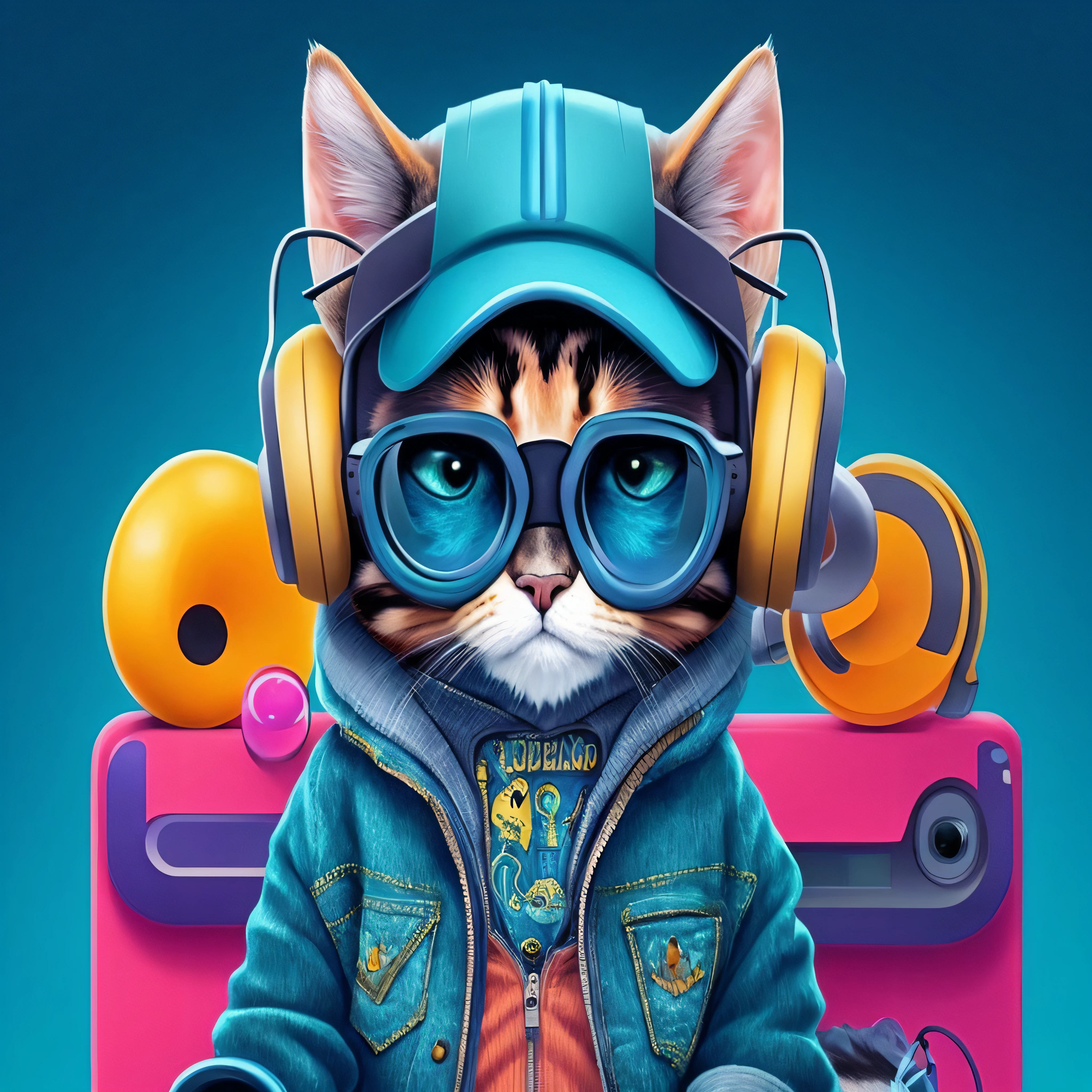 um close up de um gato usando fones de ouvido e uma jaqueta, gato cyberpunk, artista peludo, Fursona usando roupas estilosas, Beeple e Jeremias Ketner, Cybercat, style hybrid mix of beeple, olhando heckin legal e elegante, Arte peluda, liquid cat, arte digital detalhada bonito, anthropomorphic cat, design do gato, usando fones de ouvido de gato