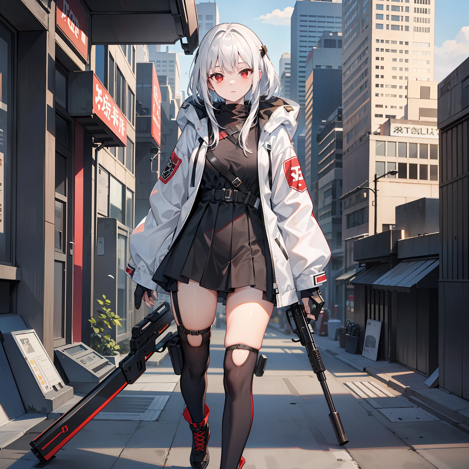 white color hair，Red eyes，170，full bodyesbian，sitted，Need，Medium and short hair，Functional wind clothes，shortpants，The upper part of the body，white backgrounid