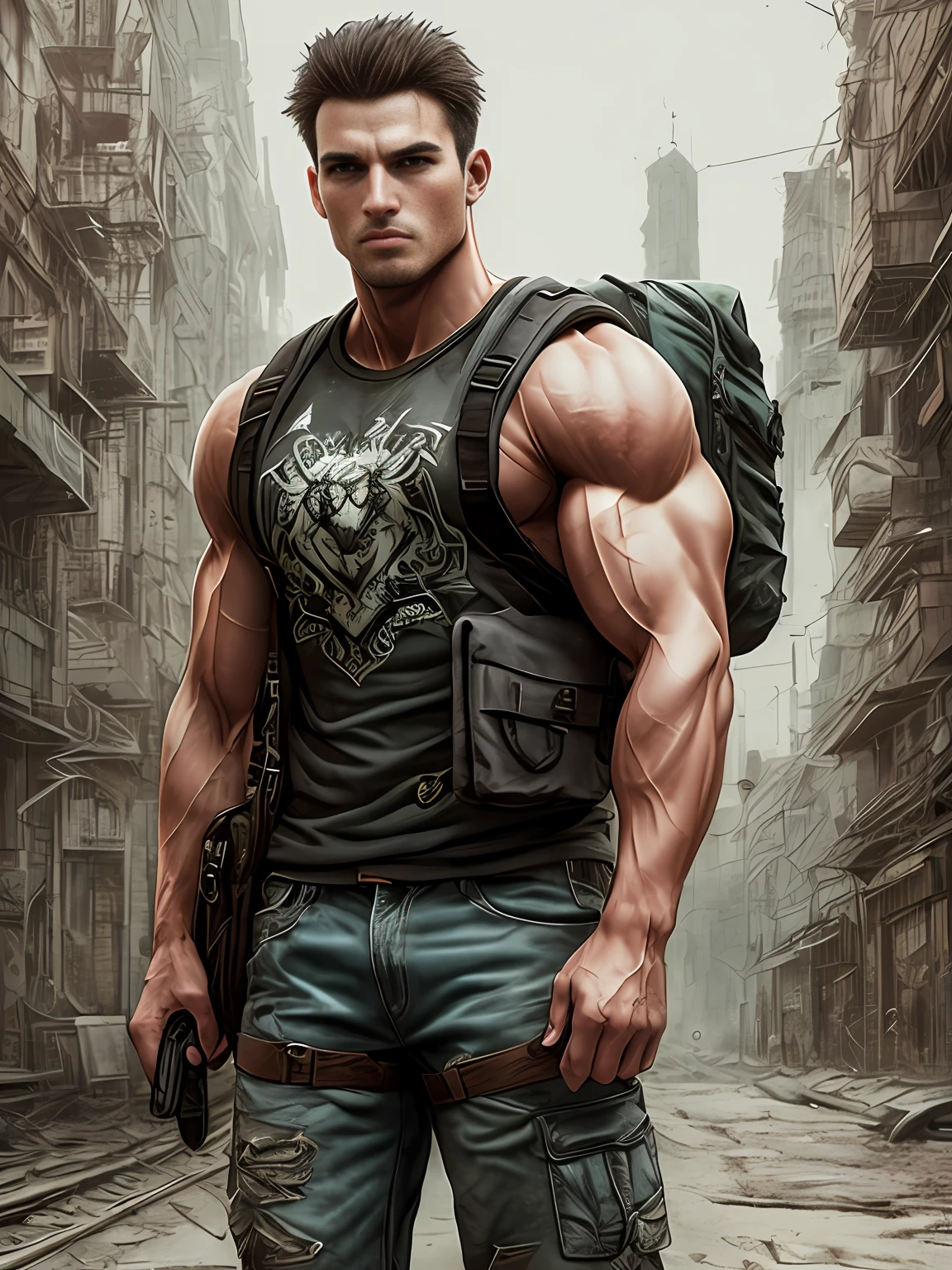A strong muscular man with a cute face, Evil Street, backpack, Epic Realistic, photo, Faded, complex stuff around, intricate background, soaked through, neutral colors, ((((HDR)))), ((((Muted colors)))), intricate scene, Artstation, intricated details, vignette