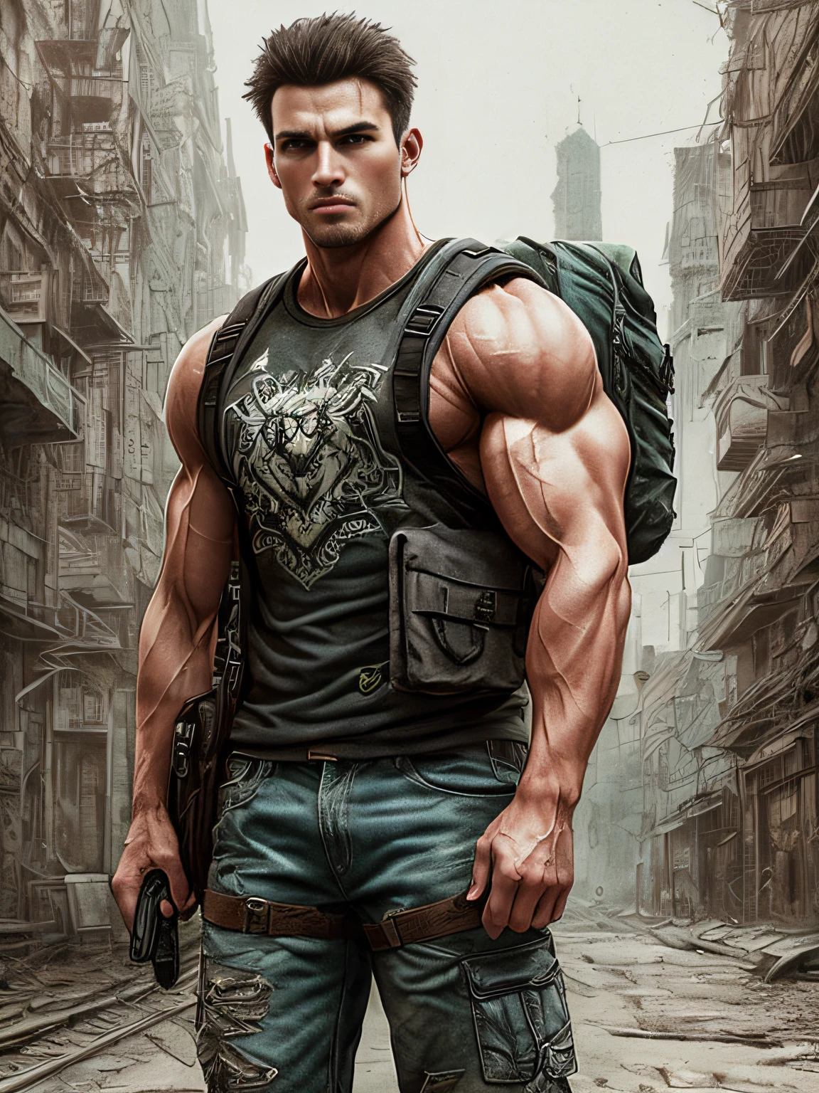 A strong muscular man with a cute face, Evil Street, backpack, Epic Realistic, photo, Faded, complex stuff around, intricate background, soaked through, neutral colors, ((((HDR)))), ((((Muted colors)))), intricate scene, Artstation, intricated details, vignette