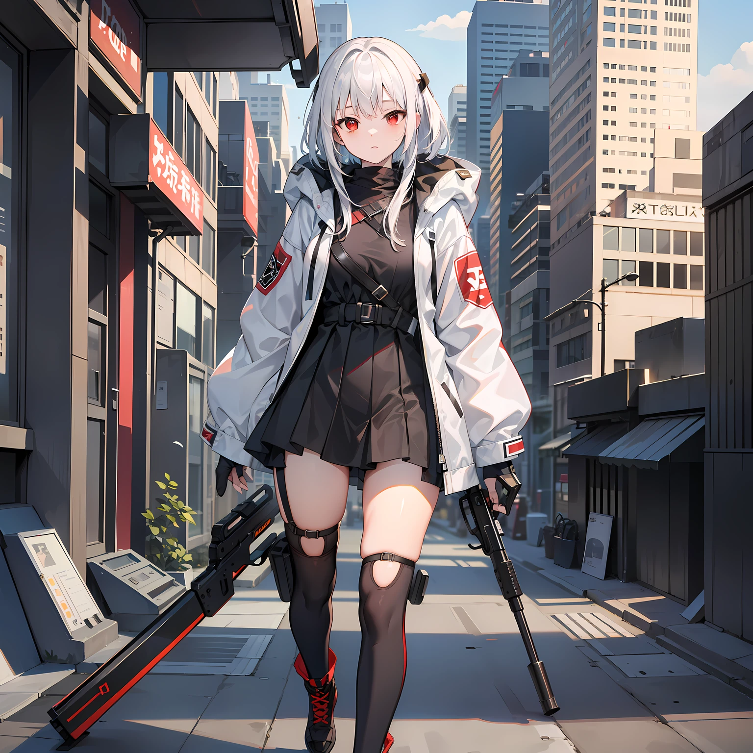 white color hair,Red eyes,170,full bodyesbian,sitted,Need,Medium and short hair,Functional wind clothes,shortpants,The upper part of the body,white backgrounid