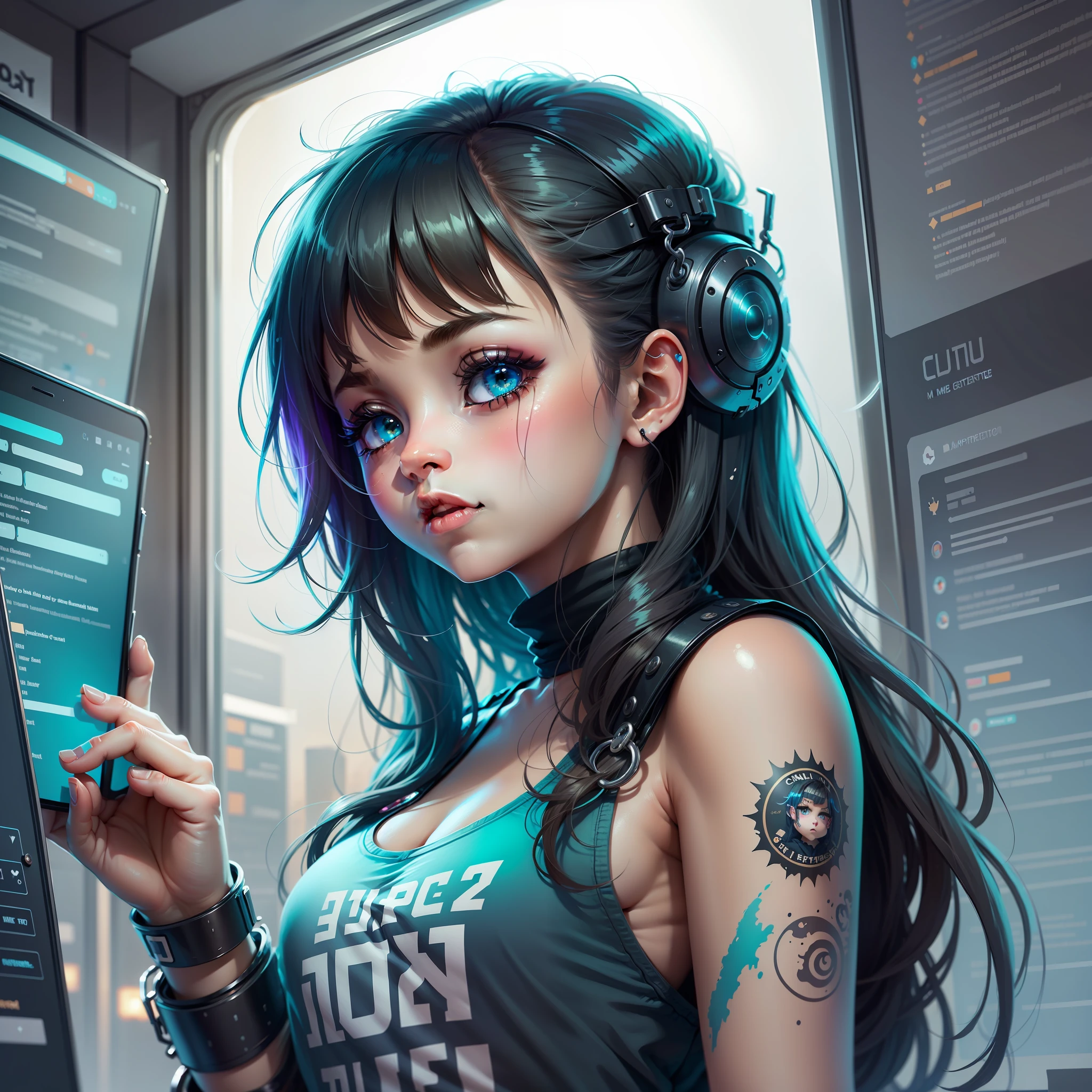 SAD GIRL ilustration, Contorno extremamente arrojado, lampejo, Tribal, hacking cultura cyberpunk fundo, capricho e criatividade, tons de cinza e azul turquesa, acrylic illustration, Pixiv, 12k, muito melhor qualidade, hiper detalhado, +4 caracteres diferentes, mas o mesmo estilo,