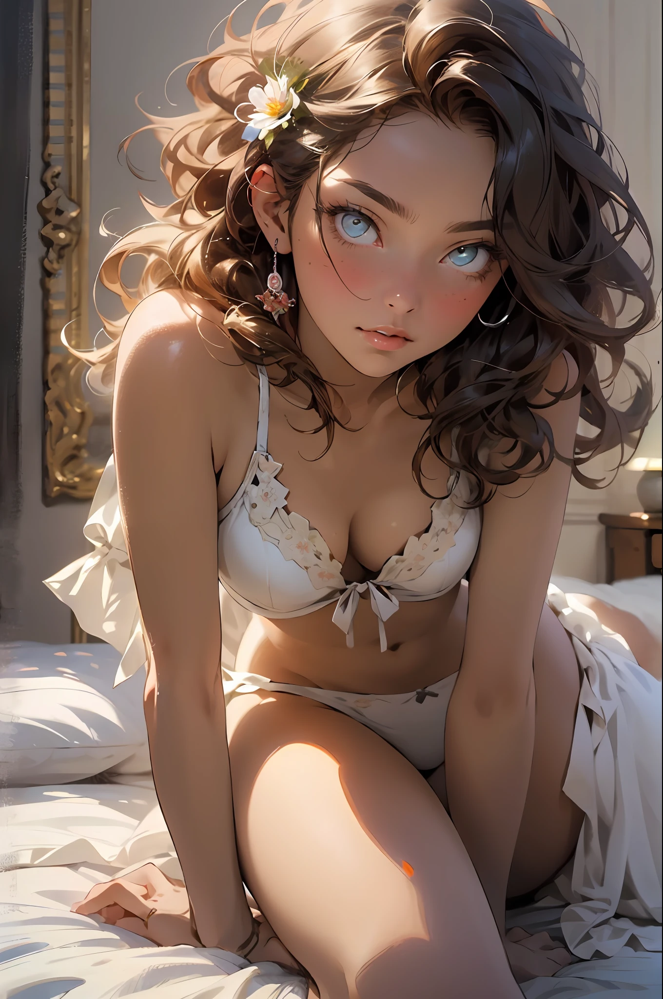 melancholy lighting, quiet, calm, brightness, masterpiece, best quality, 1girl, (JinxLol:1.2), (ultra photorealistic:1.3), (masterpiece:1.4), best quality, ((realistic)), high quality, ultra detailed, ((real image)), ((realistic skin)), ((realistic face)),(illustration:1.05), (beautiful:1.05), (beautiful detailed eyes:1.05), (cinematic light:1.1), full body, precise proportions, 18-year-old girl, skinny model lying next to the bed, hair fluttering in the wind, tulle, long legs, feet slightly open, buttocks, blush, shyness, collarbone, abdominals, double weave, beautiful and delicate face, fair skin, real skin, (face detail), pores, super high resolution, 8k, parameters Best quality, masterpiece, super high resolution, (Realistic 2.0), More details, detailed skin, white panties, straight brown hair, perfect and well designed eyes, girlfriend, beautiful, beautiful, flowers, studio lighting
