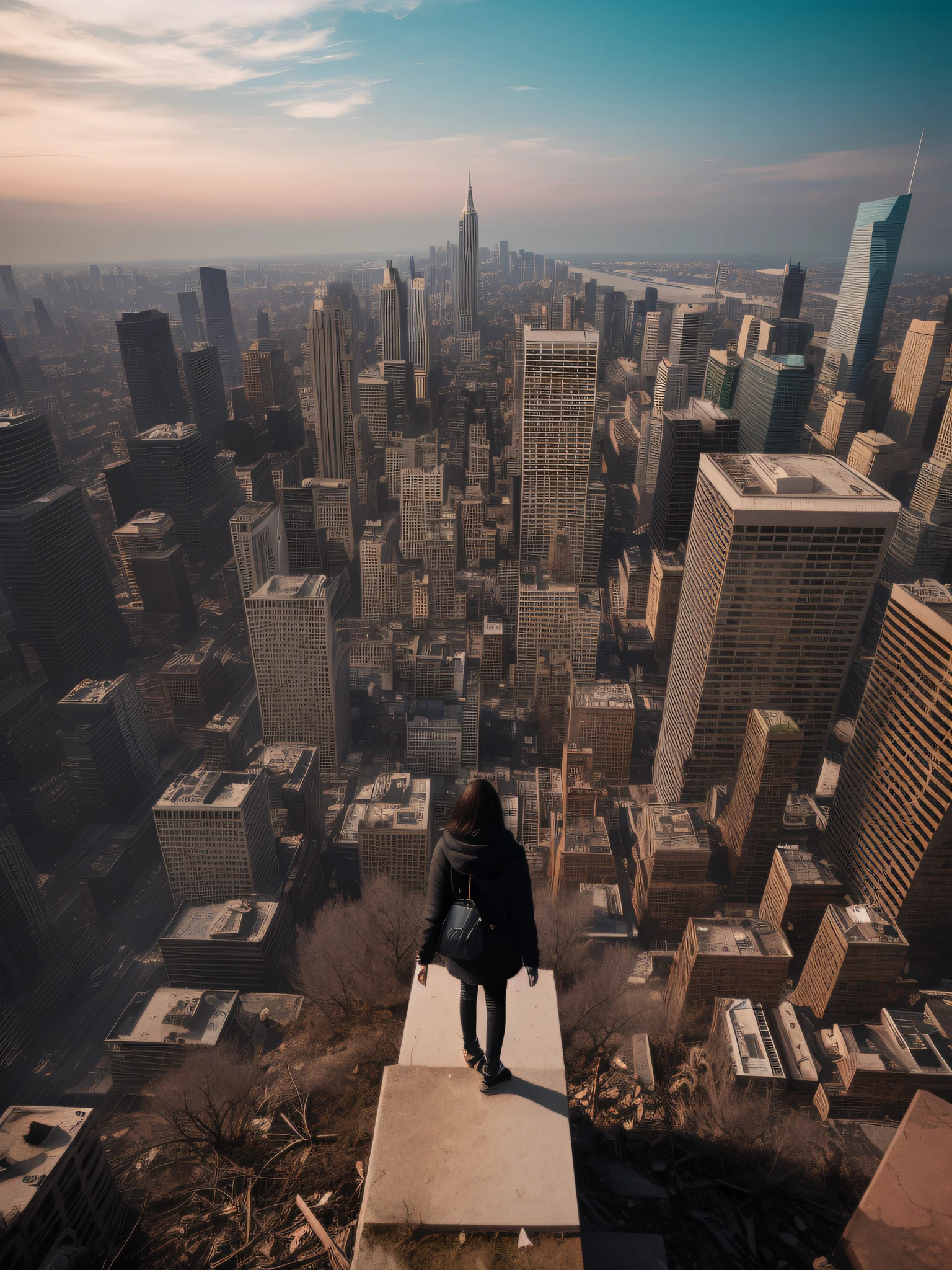 From the vantage point of a tall building, a lone figure gazes out over a cityscape ravaged by a post-apocalyptic nightmare. The once bustling metropolis now lies in ruins, with crumbling buildings and abandoned cars strewn across the streets. The atmosphere is thick with despair and desolation. The field of view captures the vastness of the scene, showcasing the extent of the destruction. The camera used is a high-end mirrorless camera, a Sony Alpha A7III, paired with a versatile Sony FE 24-70mm f/2.8 GM lens. The aperture is set at f/4 to maintain a balanced depth of field, allowing both the foreground and background elements to be in focus. The shutter speed is adjusted to 1/200s to freeze any motion and capture sharp details. The ISO is carefully calibrated to 1600 to ensure optimal exposure in the low-light conditions of the post-apocalyptic setting. The lighting is dim and eerie, with the remnants of a once vibrant city now bathed in shadows and the faint glow of distant fires. The color palette reflects the grimness of the environment, with muted and desaturated tones, conveying a sense of despair. The resolution of the image is set to 4K, capturing the intricate details of the decaying structures and the haunting presence of the zombies roaming the streets. In post-processing, the image is carefully edited to enhance the atmospheric mood, with subtle adjustments to contrast and saturation. The aspect ratio chosen is 16:9, adding a cinematic quality to the composition and emphasizing the epic scale of the post-apocalyptic cityscape.