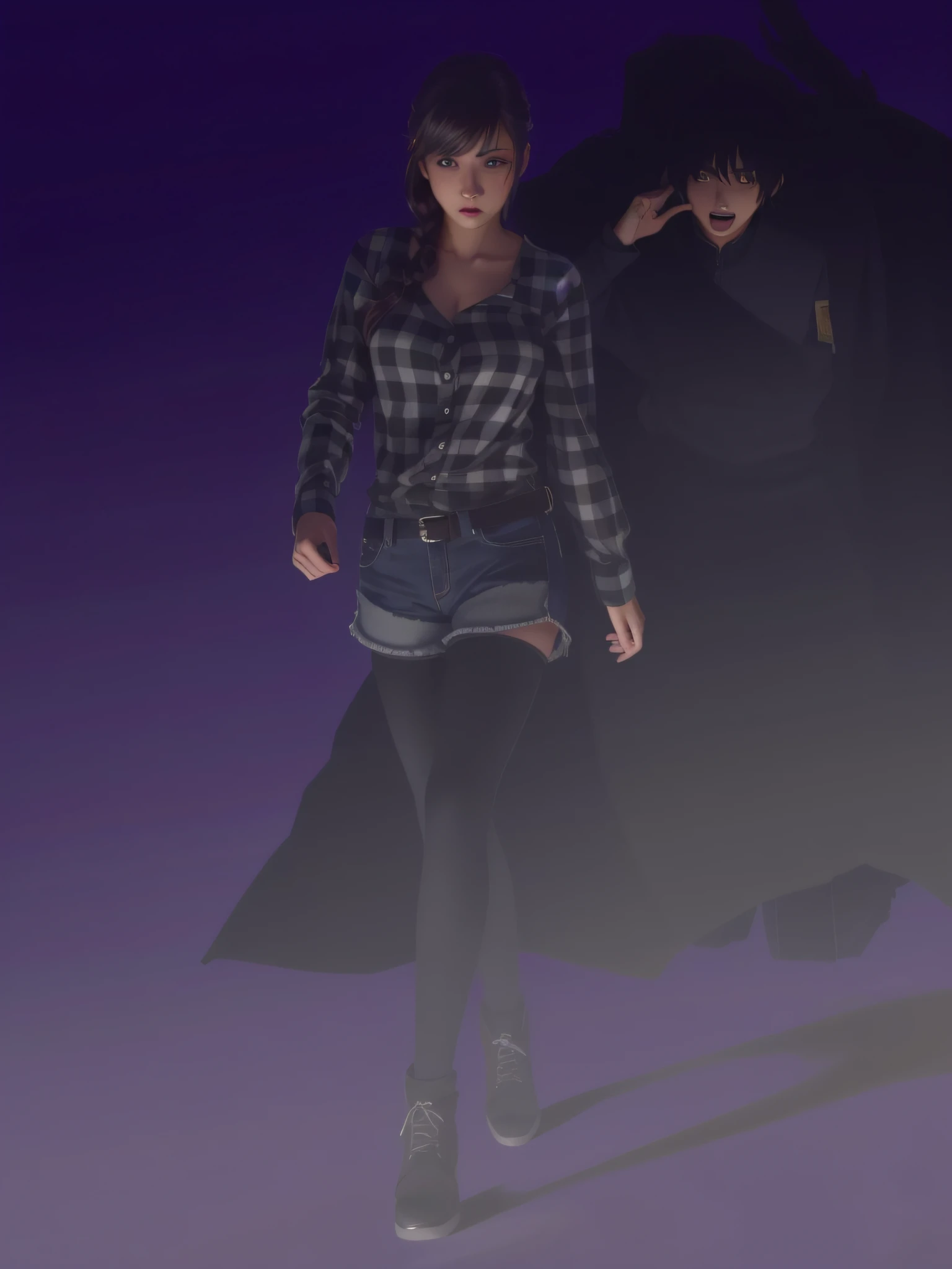 (Top image quality、​masterpiece:1.1)、(reallistic:1.4)、1girll、cowboy  shot、Anxious expression、You have a sad face while being frightened by something、frowning、Open mouth、((off shoulders、Hot pants and stockings))、
