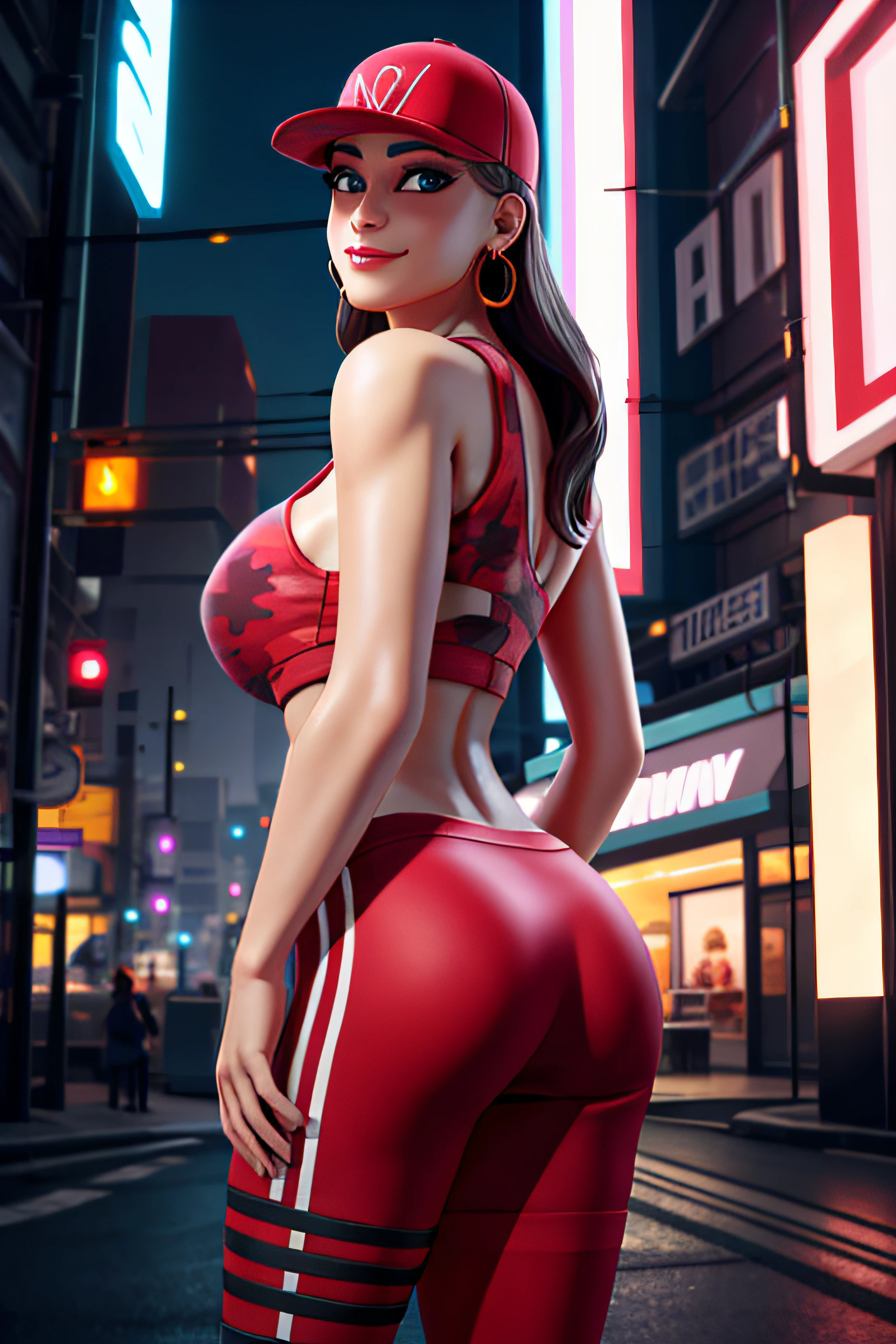 1girl, beautiful, smirk, wearing a hat, earrings, red camo sweatshirt, red_legwear, long hair, brown hair, mascara, nose lips, standing, midriff, naval, earrings, (realistic:1.5), cyberpunk, neon city, neon lights, 3d, cgi, volumetric lightning, beautiful eyes, detailed eyes, detailed face, (busty),(large breasts), big ass