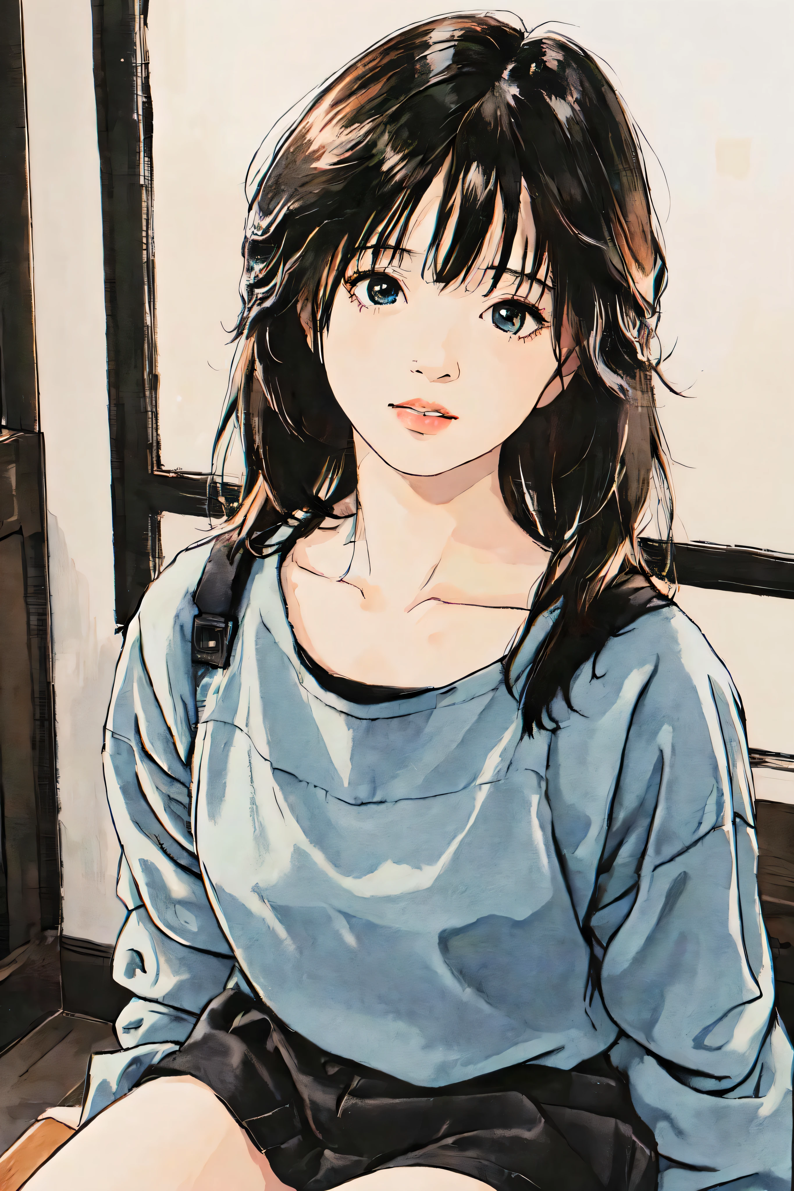 masterpiece, realistic, ultra high res, high quality, colorful, indoors, close-up,
1girl, (young),(no make-up), black hair, miniskirt, studio, 80s style,looking at viewer, collarbone, pure,
((akinanakamori))