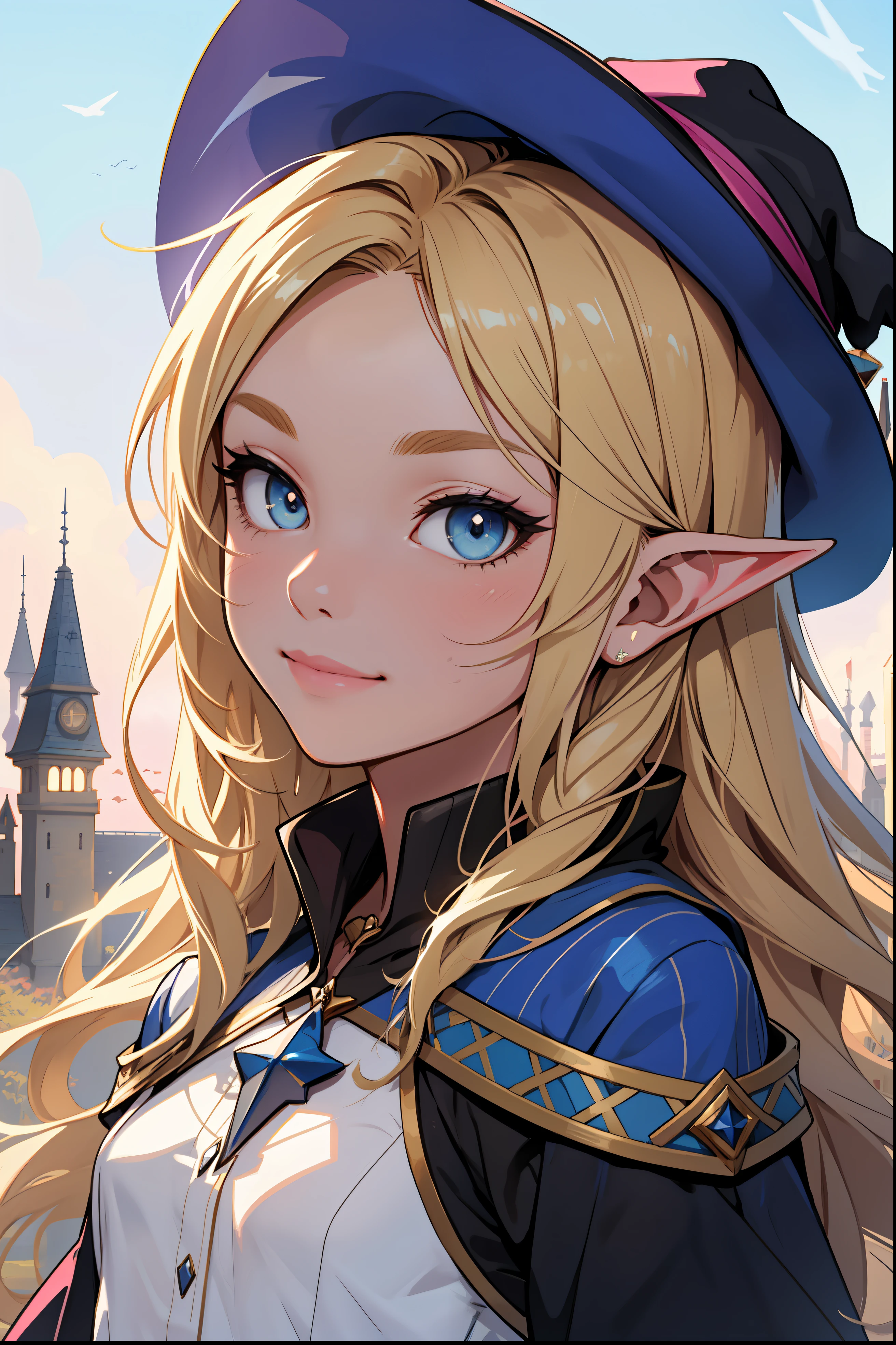 The perfect masterpiece,Highest quality,Perfect artwork,8K,Upper Body Lens,front portrait,Delicate face,Face Close-up,Watching the audience, Wizard apprentice girl,(pointy royal blue witch hat:1.3),(white star print on hat:0.8),Magical transparent eyes,(dirty blonde hair:1.2),(young:1.4),(small breasts:1.4),flat chest,large eyes,happy,warm smile,slender,slim build,thin waist,(💖:1.3),Digital Art,plane illustrations,colorful illustration,minimalist style,anime cartoon style,fantasy city background,elf ears,fantasy academic conservative clothing,