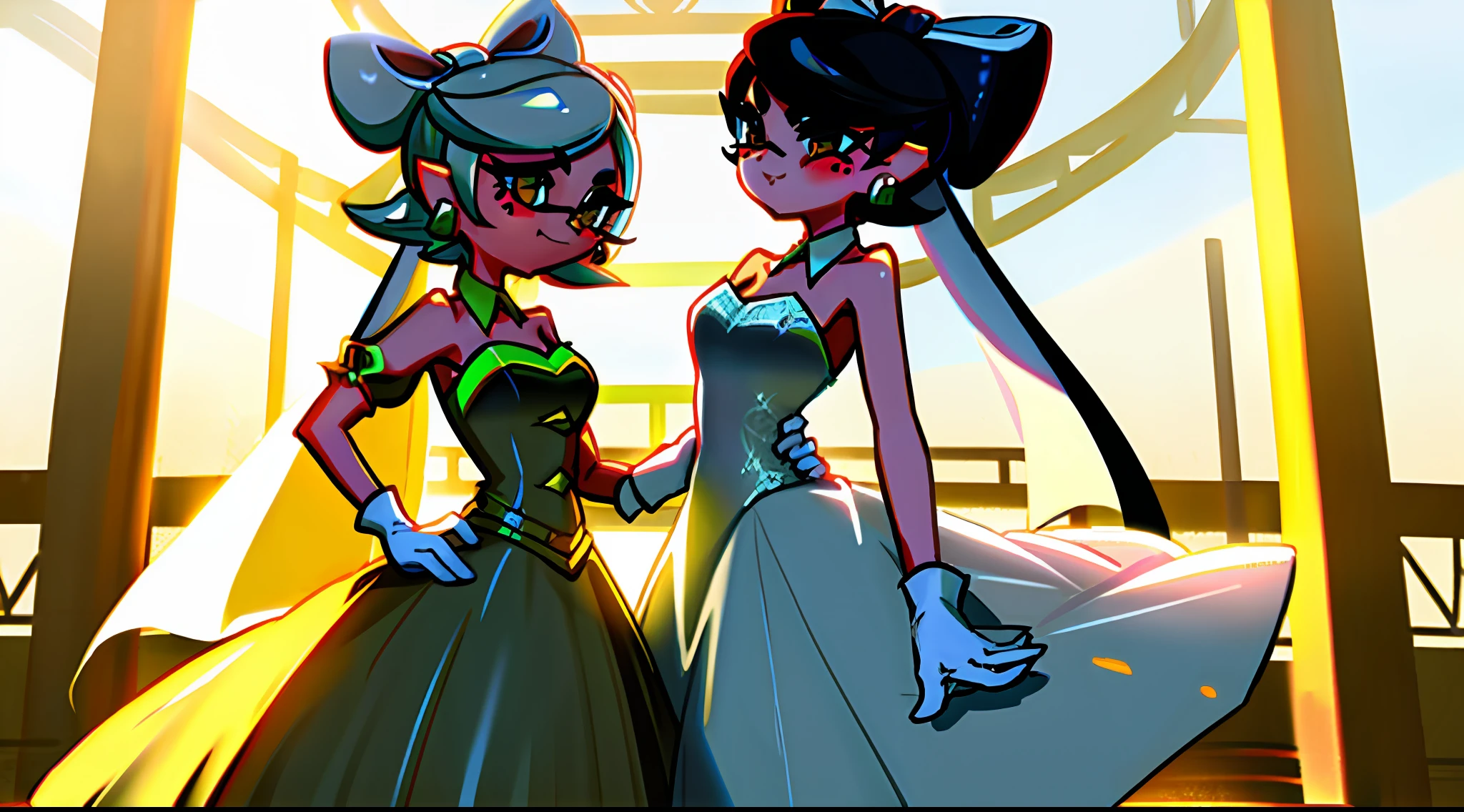 The characters Marie and Callie from the game Platun stand in a beautiful long wedding dress in full height sexy