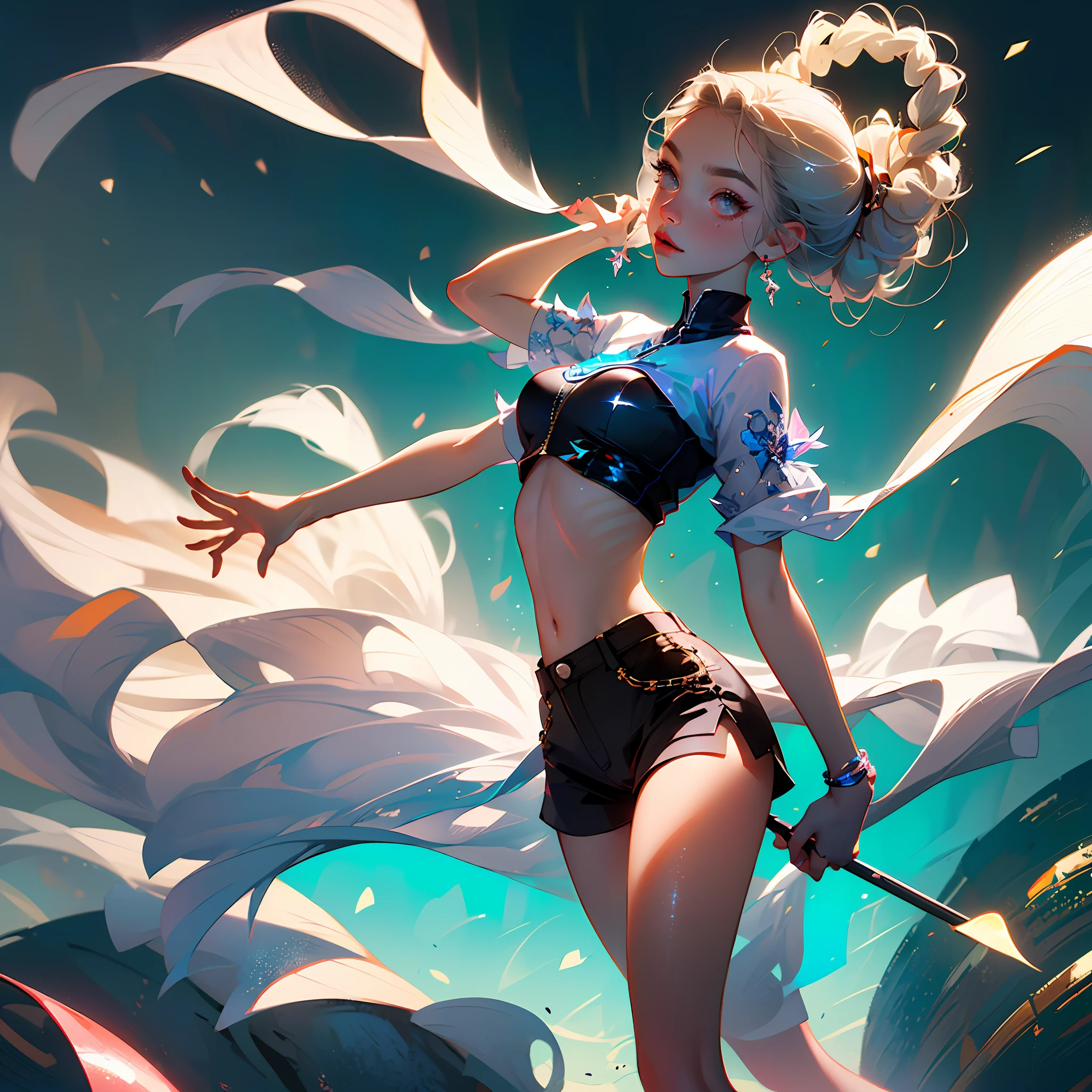 ((best quality, masterpiece, ultra-detailed, extremely delicate, beautiful)),(floating, dynamic angle, dynamic pose),(1 girl, gray eyes, de666a hair, wolf tail, twisted braids on both sides), (crop top and shorts),(embroidered, sexy),(high resolution, blue background), bling, glitter, shining. --auto
