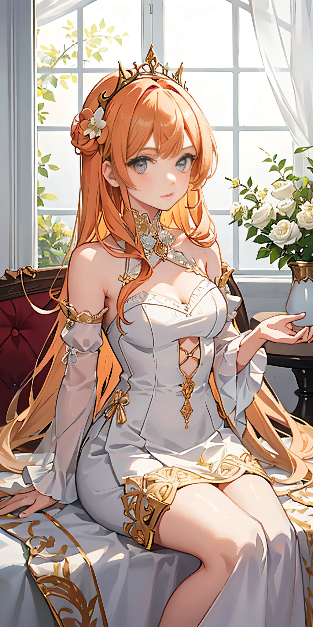 pastel colors, serene, extremely detailed, whimsical, cute, adorable, intricate In a whimsical realm where time dances between eras, envision a serene tableau. Behold a young enchantress, her hair a cascade of ethereal orange locks, contrasting delicately against her porcelain skin. She dons a frilled, layered floral dress reminiscent of bygone days, an intricate tapestry of lace and silk. Within her boudoir, a room adorned with precious trinkets, plush fabrics, and dainty floral patterns, her innocence radiates like a budding flower in a sunlit garden.