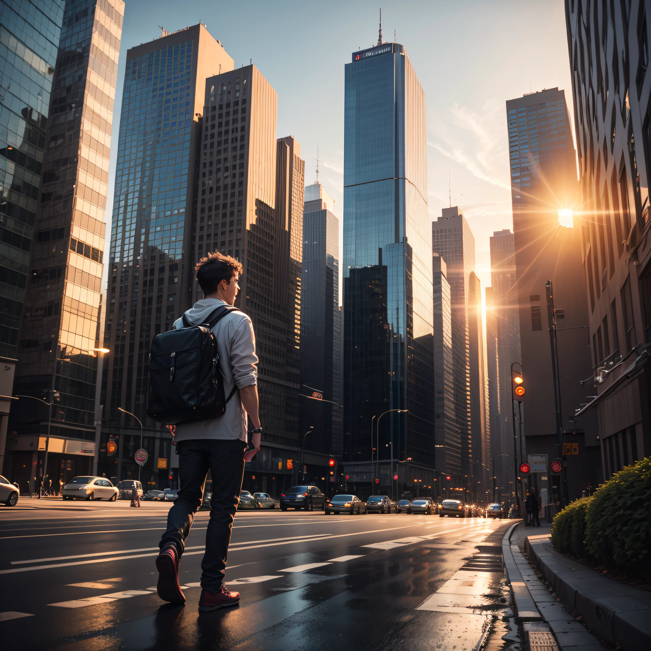 A peaceful afternoon,A man with a laptop bag(age 22,Height 175,Weight 140)Walking down the crowded streets after work,Look up at the sky,The sunset shines on the face,The road is constantly flowing,Cars come and go,In front of the left are tall buildings,The sunset is directly above the tall building,World overlook,Realism, --auto