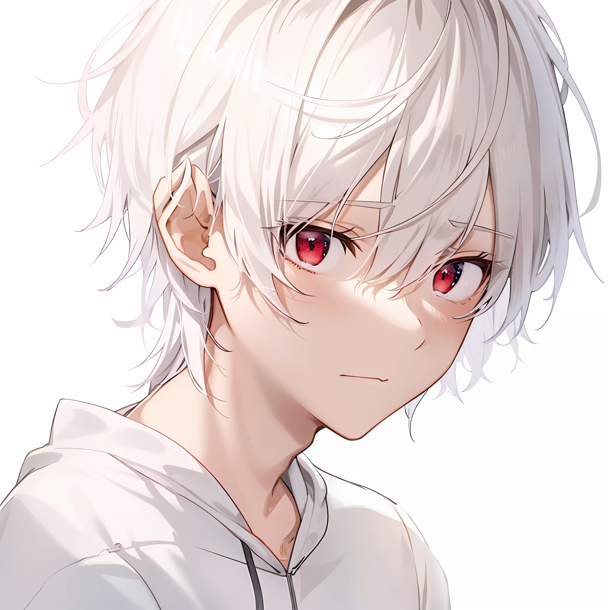 (Ultra-detailed CG, 8k wallpaper, Delicate painting style), Anime boy with white hair and red eyes, Red eyes stared(Perspective or pointing to a point), White hooded sweatshirt, gentleness.