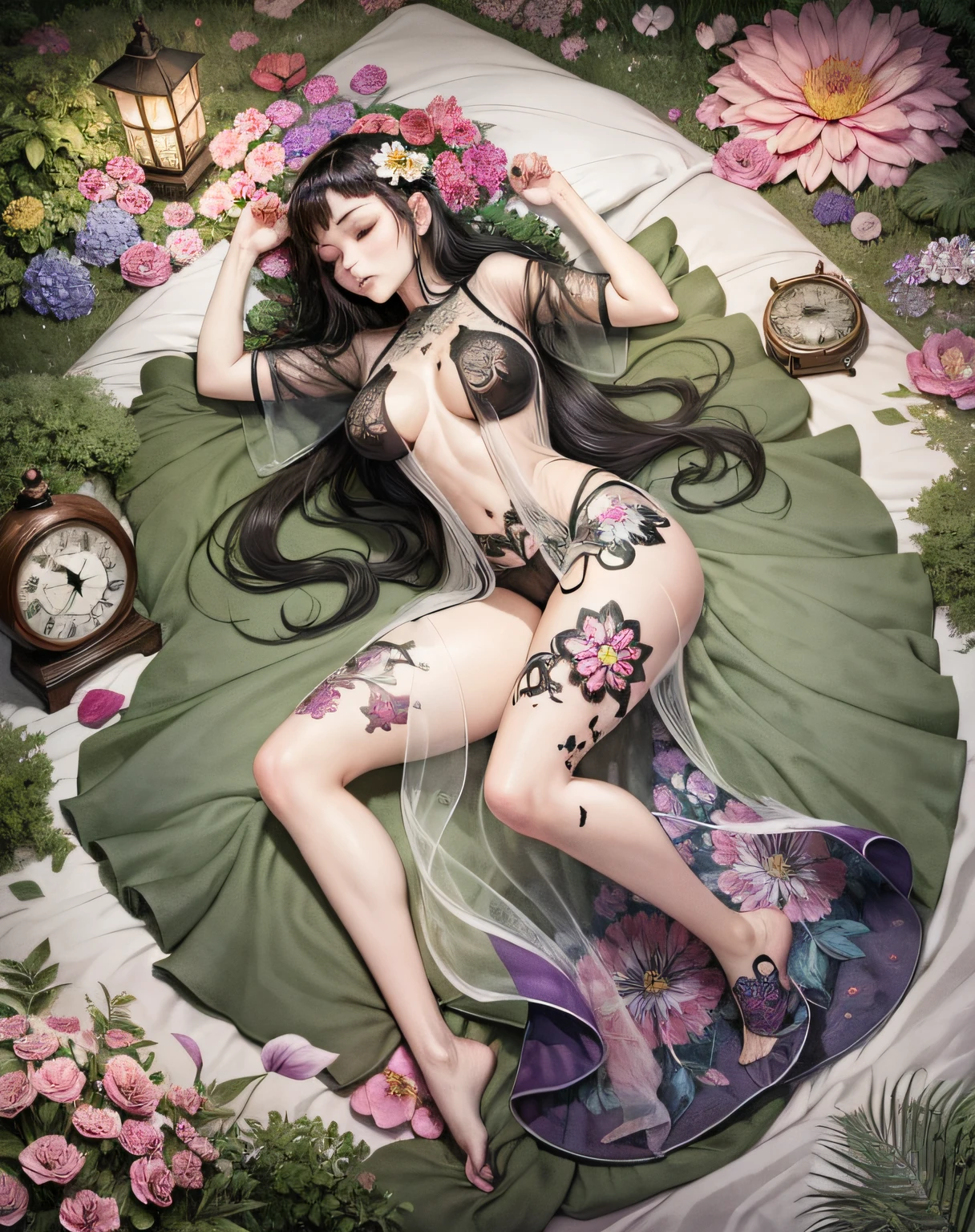 1sexy girl with forest clothes, flowers, leaves, mandalas, fractal,, Sleeping Beauty, by Bella🦋 full body, beautiful girl sleeping, room with mirror, girl sleeping on bed and sheets, old clock and lamp on table, full body, black hair, Transparent clothing,open legs, view of pubic hair, 1 sexy girl in transparent forest clothes,exposed breasts, open transparent t-shirt,mandala and flower tattoos, La mejor calidad, Obra maestra, llustration, muy delicado y hermoso, muy detallado, CG, Unidad, Fondo de pantalla de 8k, ridiculous, huge filesize, lente muy ancha, Luz suave,Sleeping Beauty, by Bella🦋 full body, beautiful girl sleeping, full body, black hair, Transparent clothing, slight smile,, open legs, view of pubic hair, 1 sexy girl in transparent forest clothes,exposed breasts, open transparent t-shirt,mandala and flower tattoos, La mejor calidad,