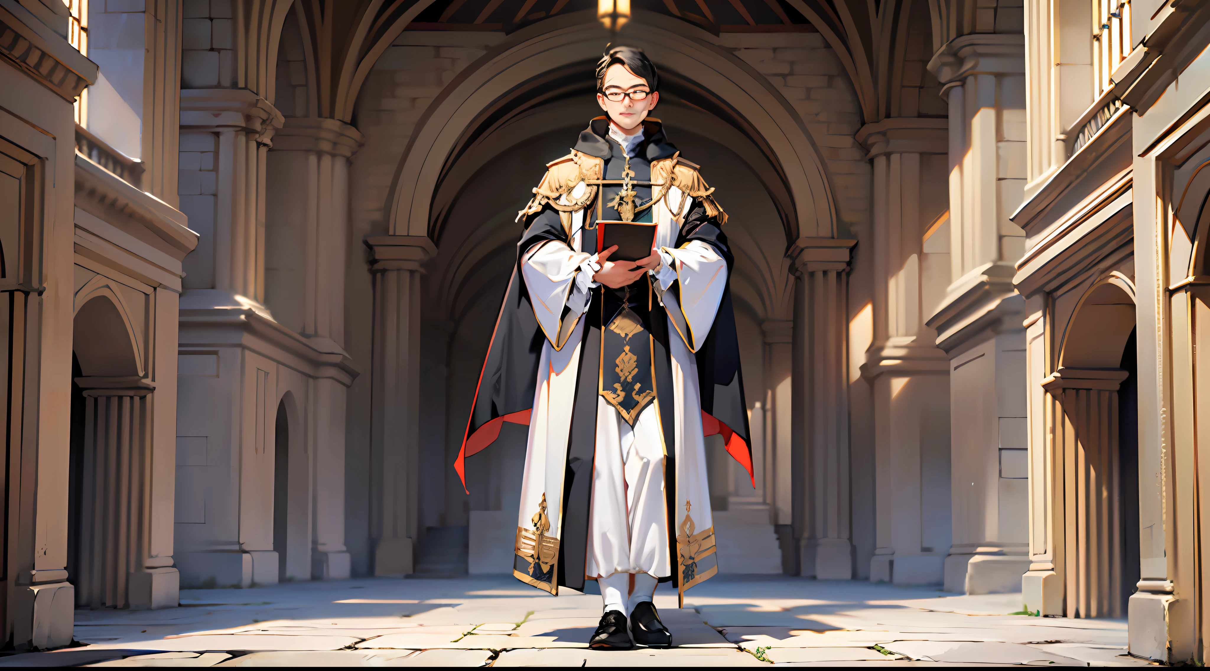 26 year-old Young priest, short hair, round frame glasses, black robe, white vestments, holding a Bible,(18th century clothing style:1.3),(Standing posture:1.5),(full body:1.6)