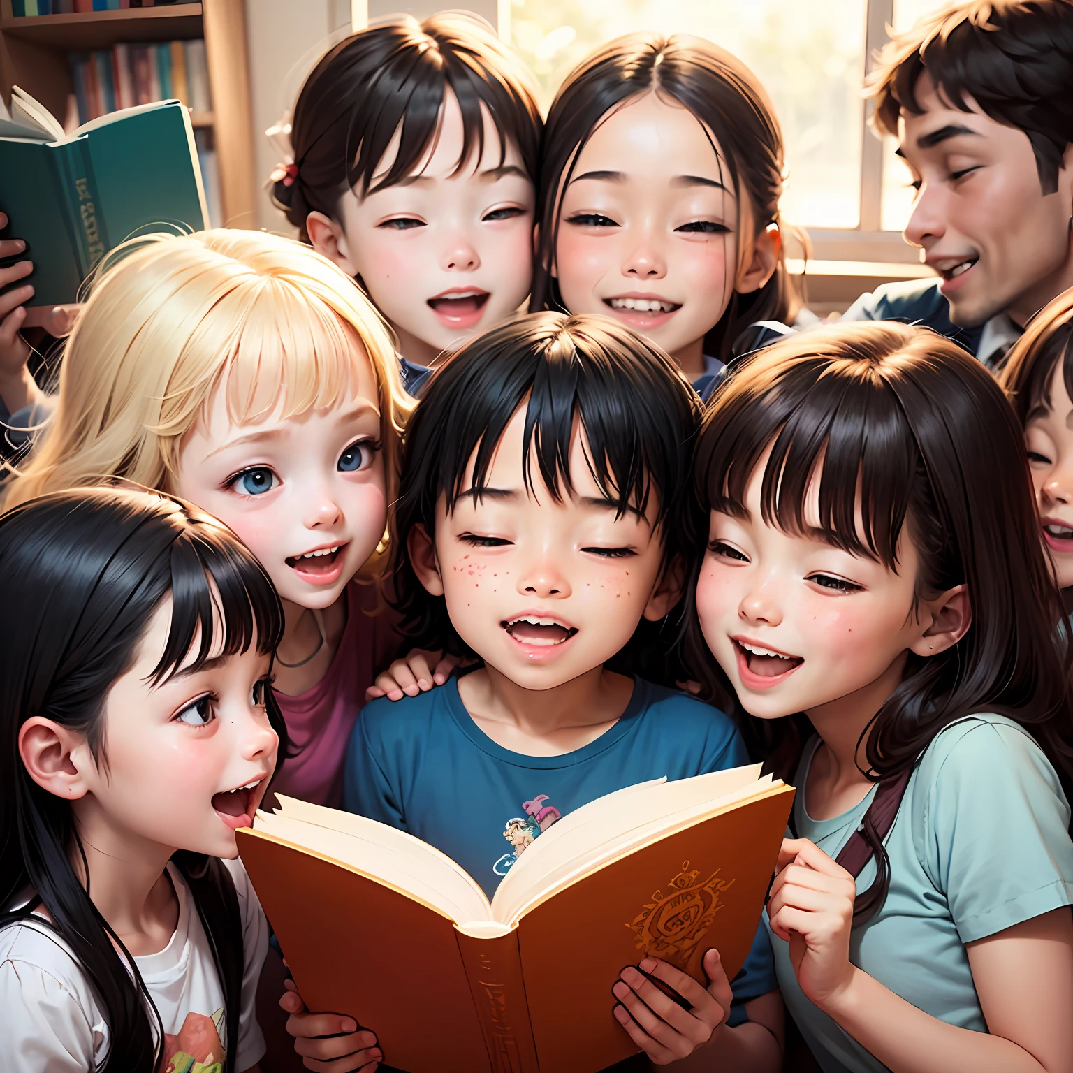 Colorful illustration of children gathered around an open book, with expressions of joy and excitement.  Ao redor da turma, there may be smiling children, demonstrating engagement and fun --auto