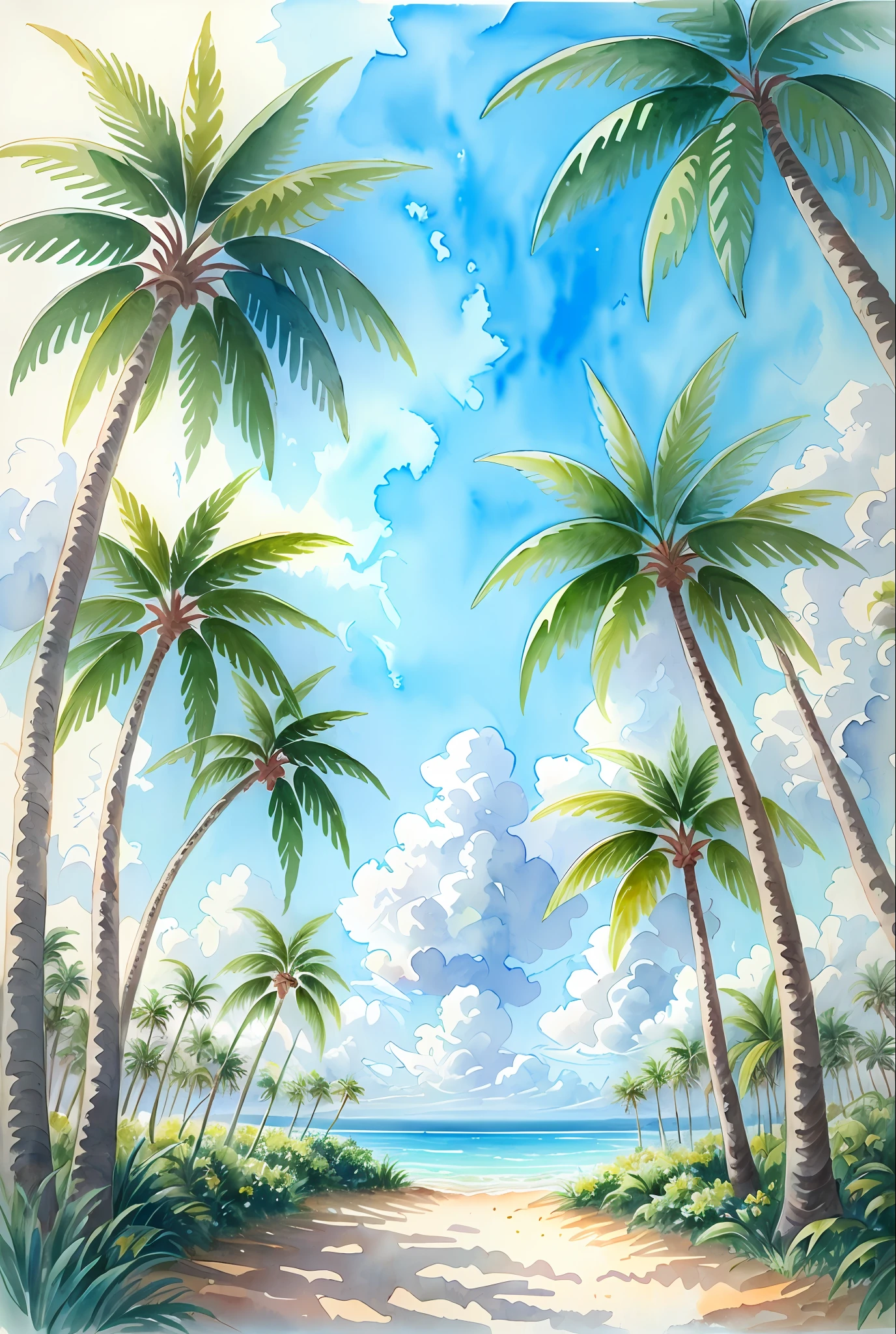 ( acuarela \(Medio\), dibujo, Isla tropical con palmeras