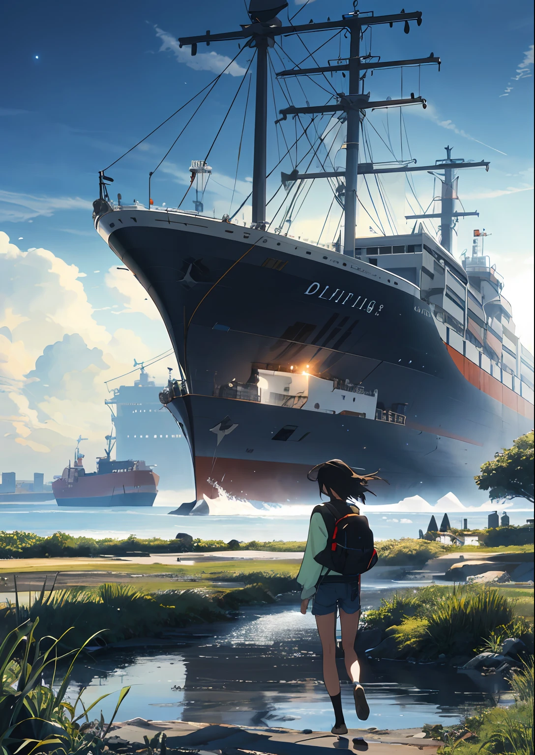 The vast sky, beautiful skyline, large grasslands, extremely tense and dramatic pictures, moving visual effects, the high-hanging Polaris, and colorful natural light. Long-sleeved top, denim shorts, and a girl with a backpack. There is a big ship not far away.