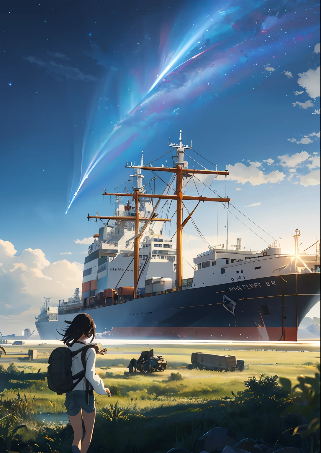 The vast sky, beautiful skyline, large grasslands, extremely tense and dramatic pictures, moving visual effects, the high-hanging Polaris, and colorful natural light. Long-sleeved top, denim shorts, and a girl with a backpack. There is a big ship not far away.