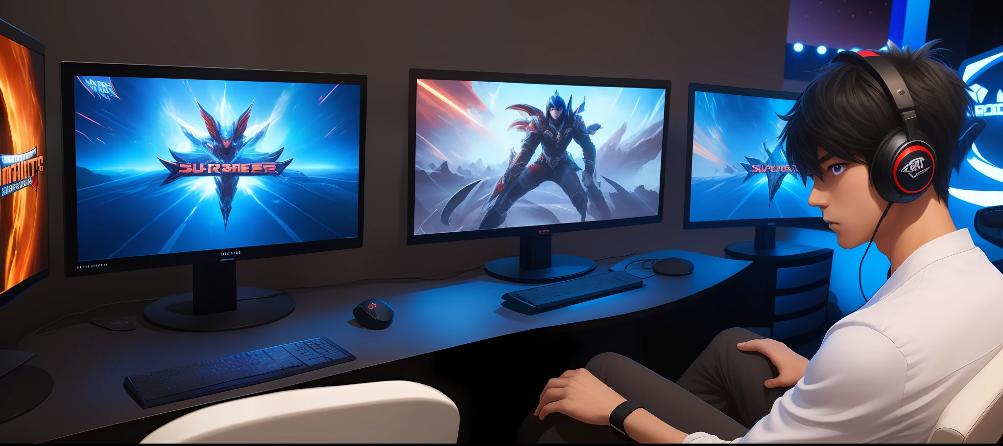 Best quality: 1.0), (Super High Resolution: 1.0), Anime boy, short black hair, blue eyes, sitting in front of computer playing games, background in esports room,