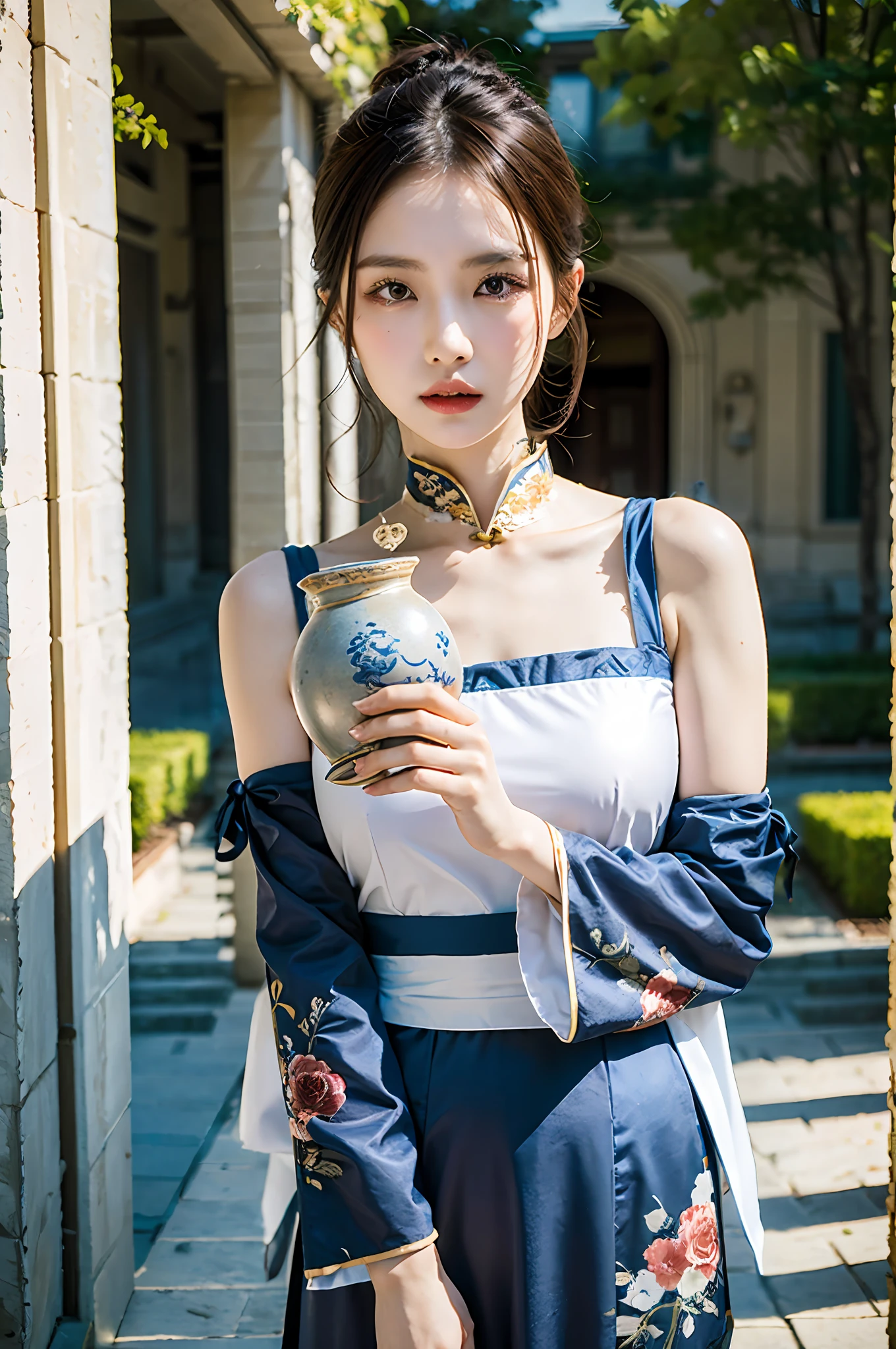 arafed woman in a blue and white dress holding a vase, Hanfu, Traditional Chinese clothing, with acient chinese clothes, Wearing ancient Chinese clothes, palace , A girl in Hanfu, White Hanfu, traditional garb, dressed with long fluent clothes, Chinese costume, traditional chinese, Traditional clothing, with ancient chinese aesthetic, blue colored traditional wear, Chinese style