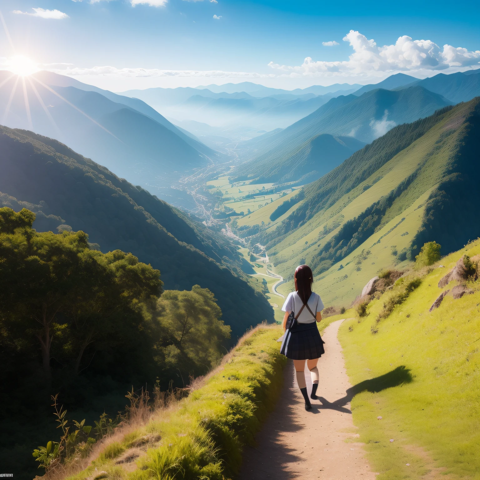 super-fine Refreshing morning the morning sun Refreshing schoolgirl Official art Anime Universe landscape shot Distant view Top of the mountains