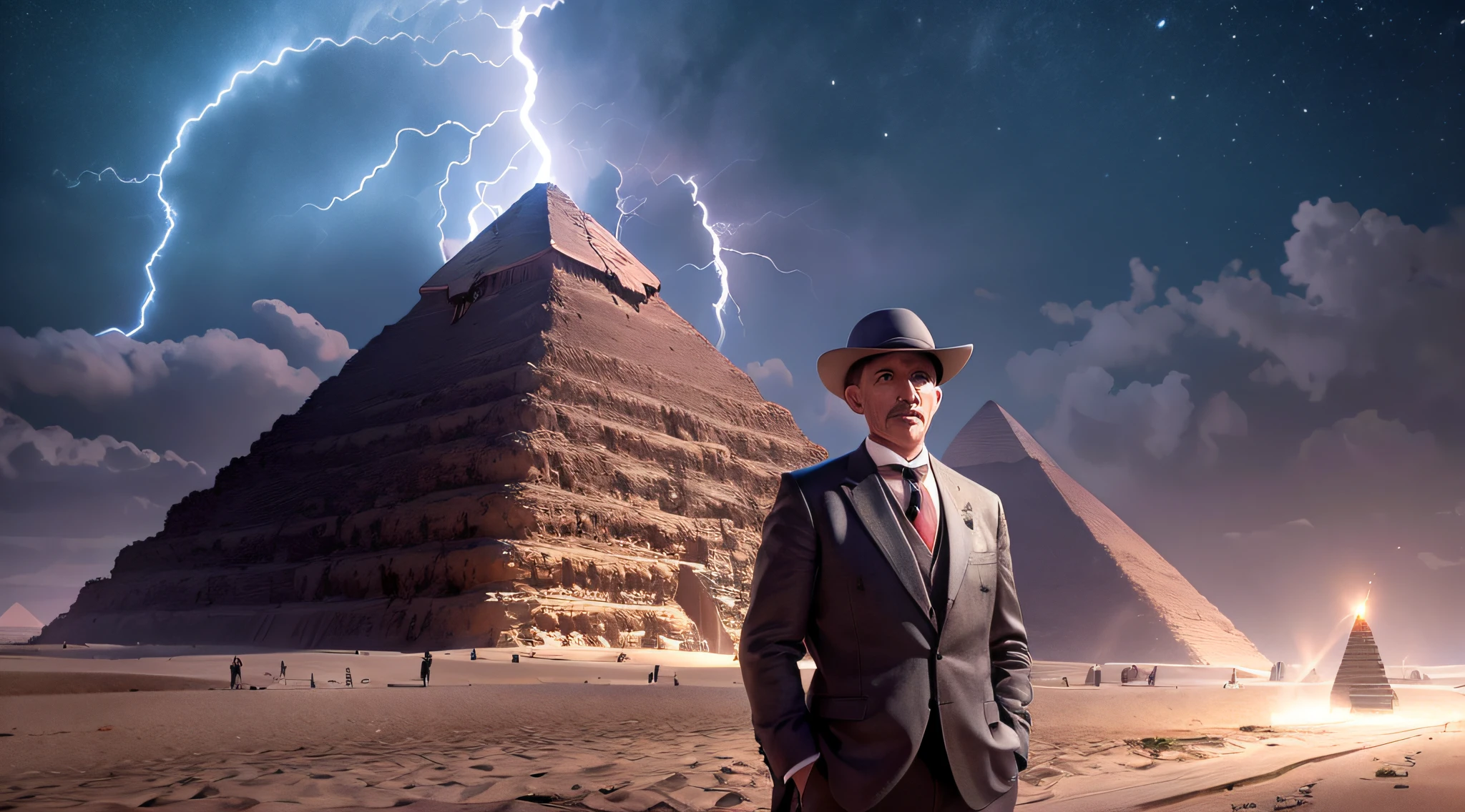 Nikola Tesla standing in the sand with the pyramids of Giza in Egypt in the background with lightning striking the top of the pyramid and realistic night storm, Ambos-Premium, retrato