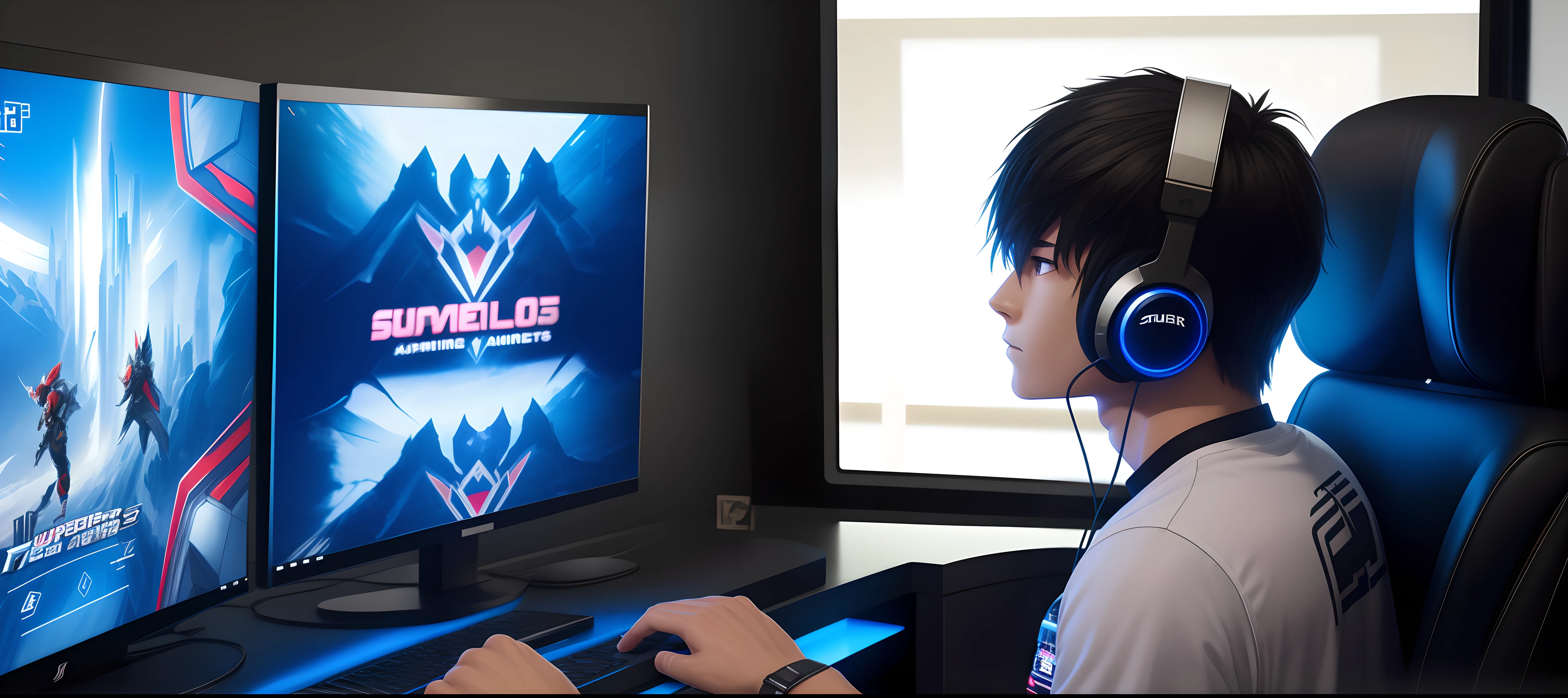 Best quality: 1.0), (Super High Resolution: 1.0), Anime boy, short black hair, blue eyes, sitting in front of computer playing games, background in esports room,