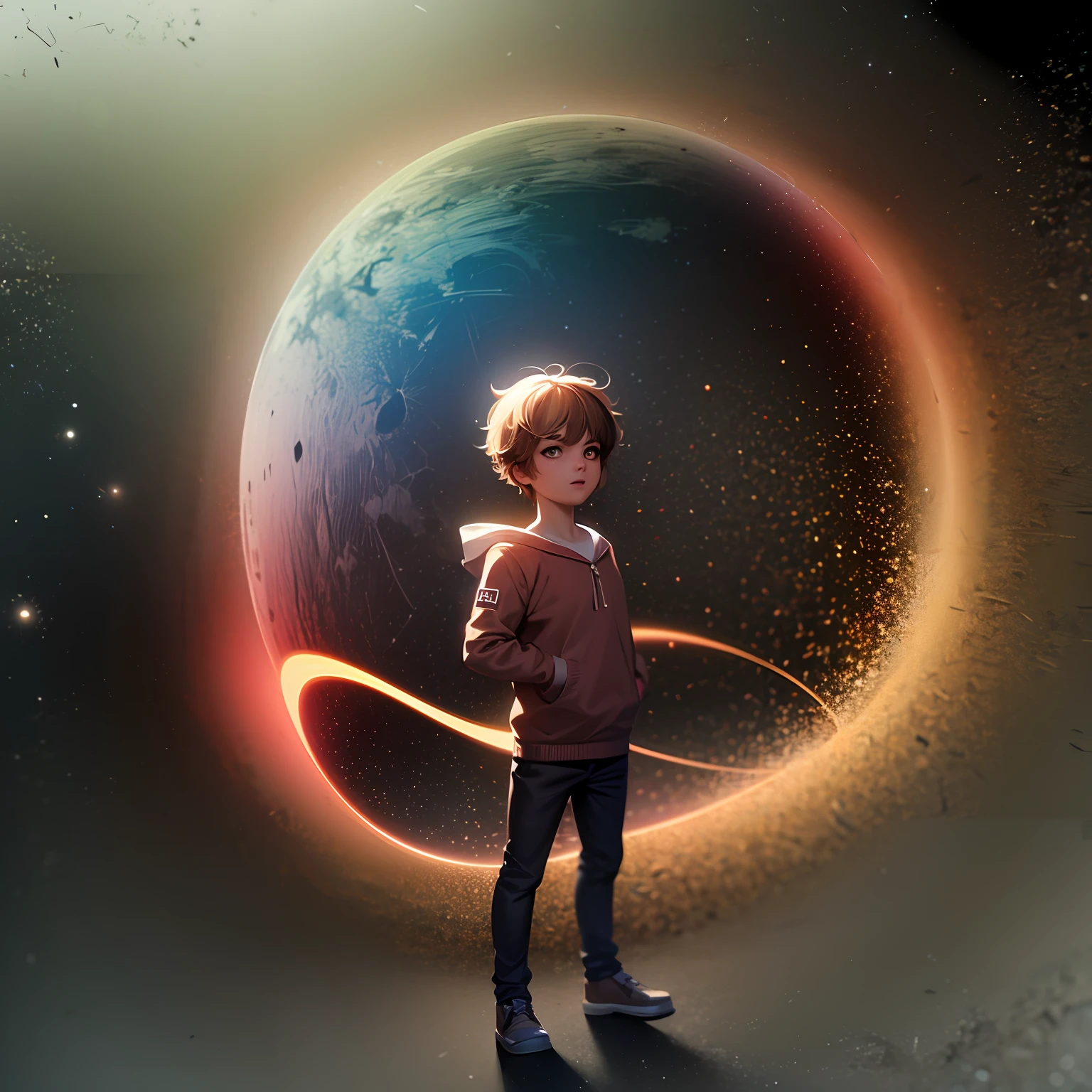 absurd resolution, alta resolução, (obra-prima: 1.4), ultra-detalhado, 4K, UHD, 1boy, assustado, de cima, outer space, flutuante