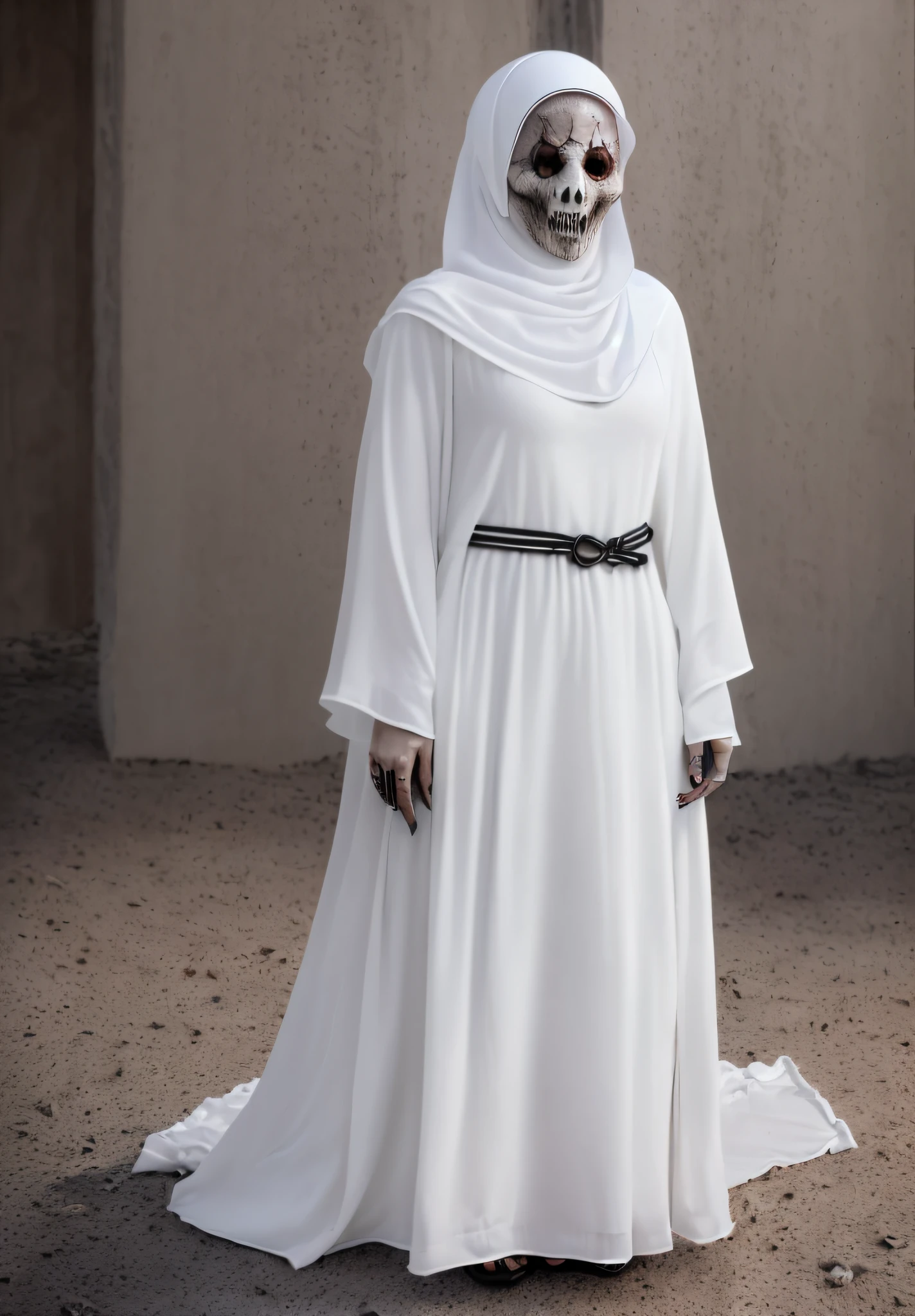 (((((Image composition: white scary horror Muslim actress far shot full body in full view))))). <|real human skin, Little hands, realistic face, real very pale skin, straight teeth, perfect teeth, white teeth, Real hands, female hands, Real body, real face, real skin, female body.