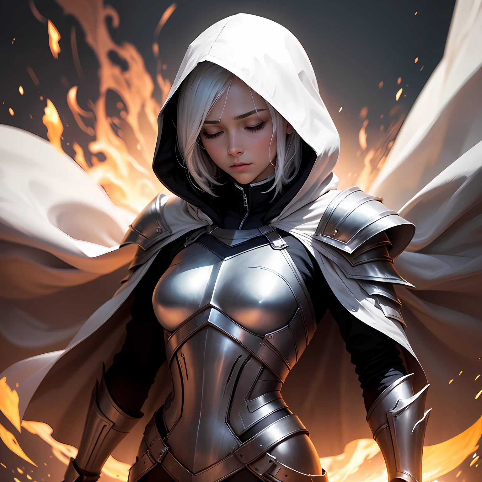 short hair, concentrated face, white hair, closed eyes, full white metal armor, android, human appearance, adult female, dress cape, hooded robe, yellow aura --auto