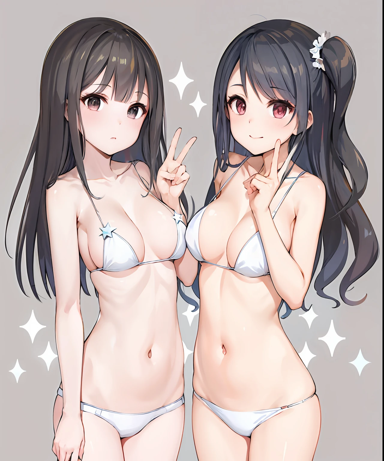 anime girl in bikinis posing for a picture with stars in the background, Ecchi anime style, two beautiful anime girls, anime moe art style, Anime Girls, Two girls, Ecchi, Ecchi style, Twin-tailed, Kantai Collection Style, [ 4 k digital art ]!!, oppai proportions, oppai, at pixiv, with a twin